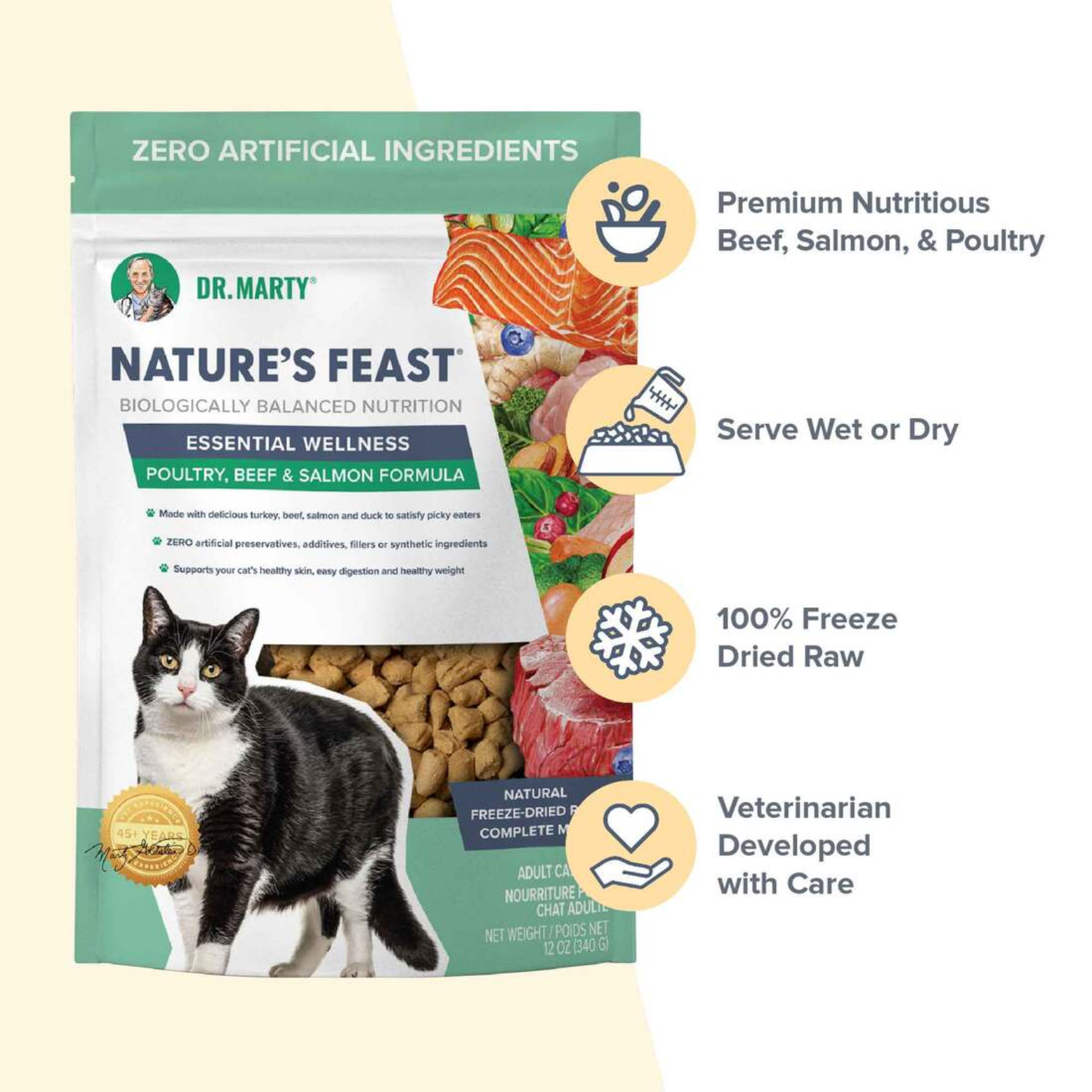 Dr. Marty Freeze Dried Raw Cat Food Poultry Beef & Salmon Nature's Feast 12 oz