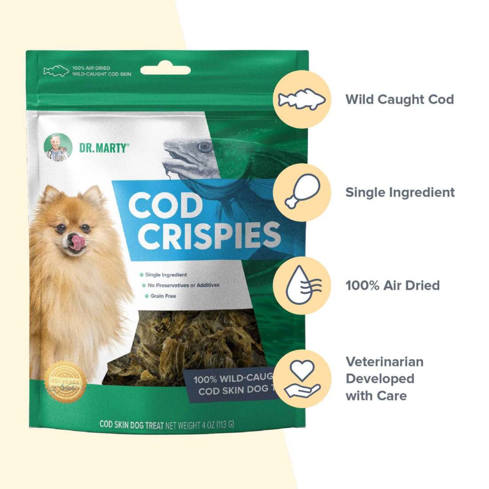 Dr. Marty Grain-Free Air Dried Dog Treats Cod Skin Crispies 4 oz