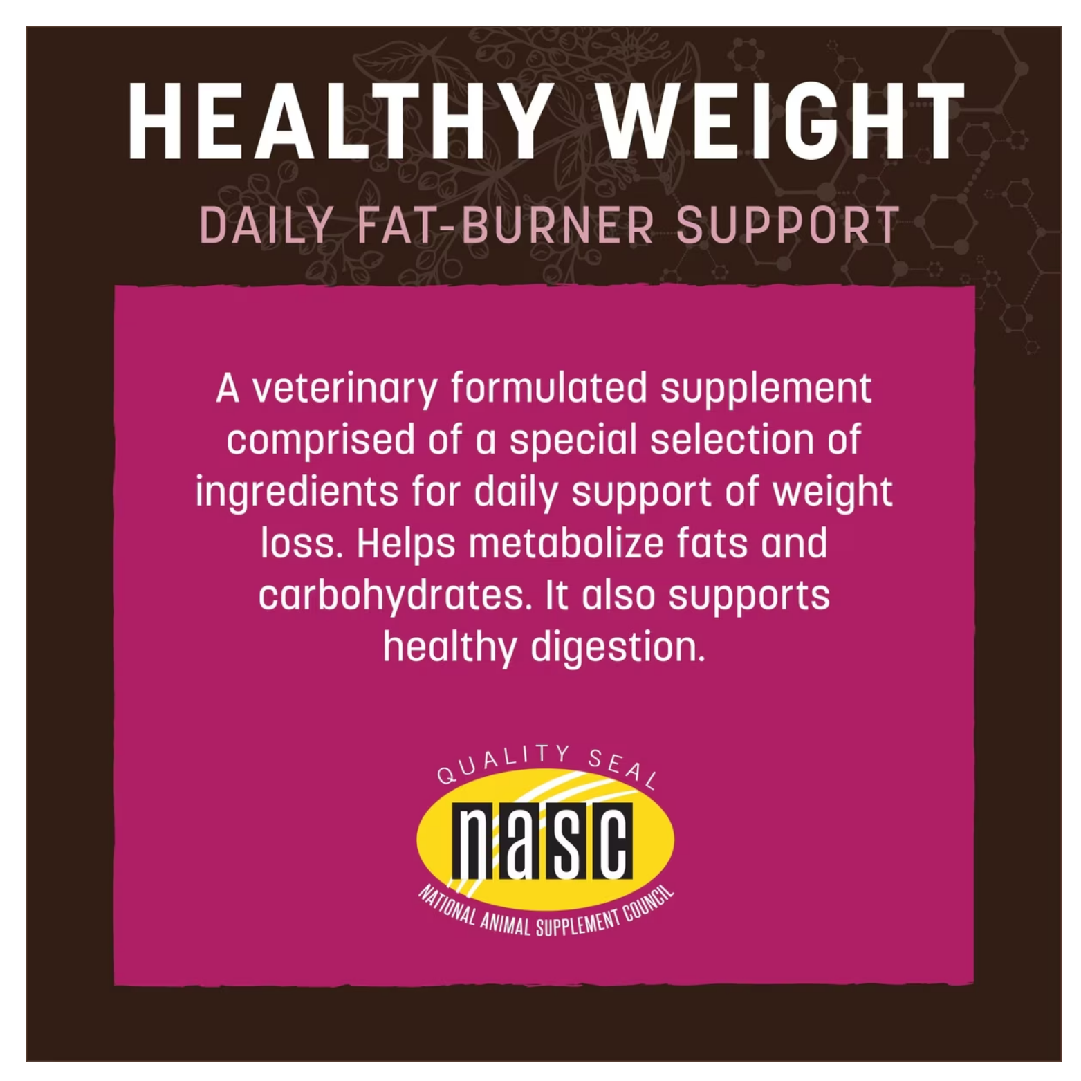 Graphic panel describing Earth Animal Healthy Weight Daily Fat-Burner Support as a veterinary-formulated supplement that supports weight loss, fat metabolism, and healthy digestion.