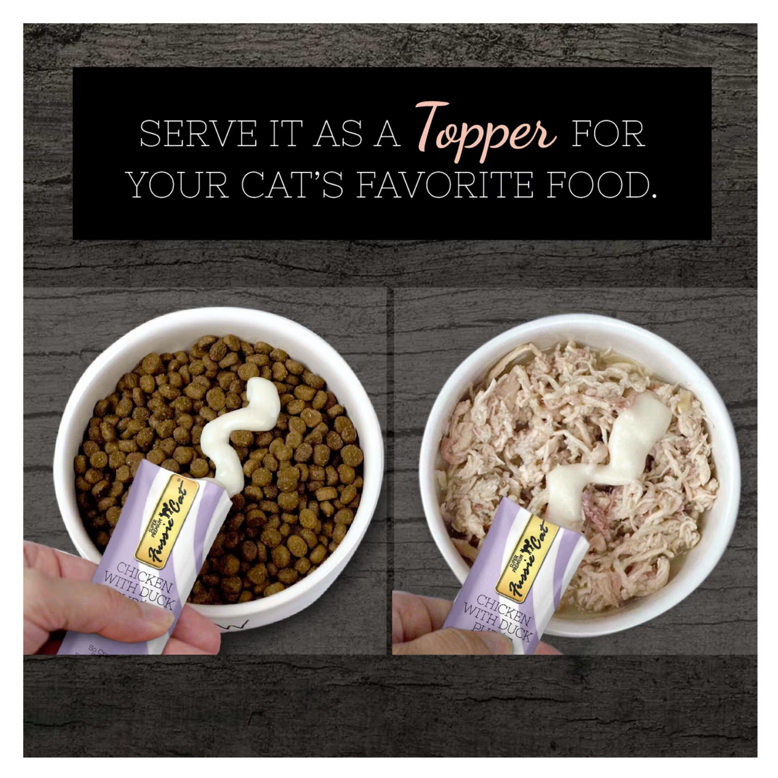 Two bowls of cat food shown side by side as a hand squeezes Fussie Cat Chicken with Duck Purée onto dry kibble and wet food, demonstrating use as a topper for a cat’s meal.