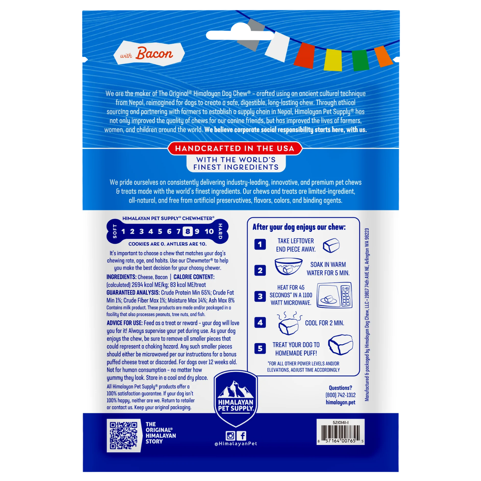 Back of the small Himalayan Dog Chew with bacon package. Displays product story, handcrafted in the USA message, ingredient list, guaranteed analysis, chew density scale, feeding and safety instructions, and steps for making a puffed cheese treat.
