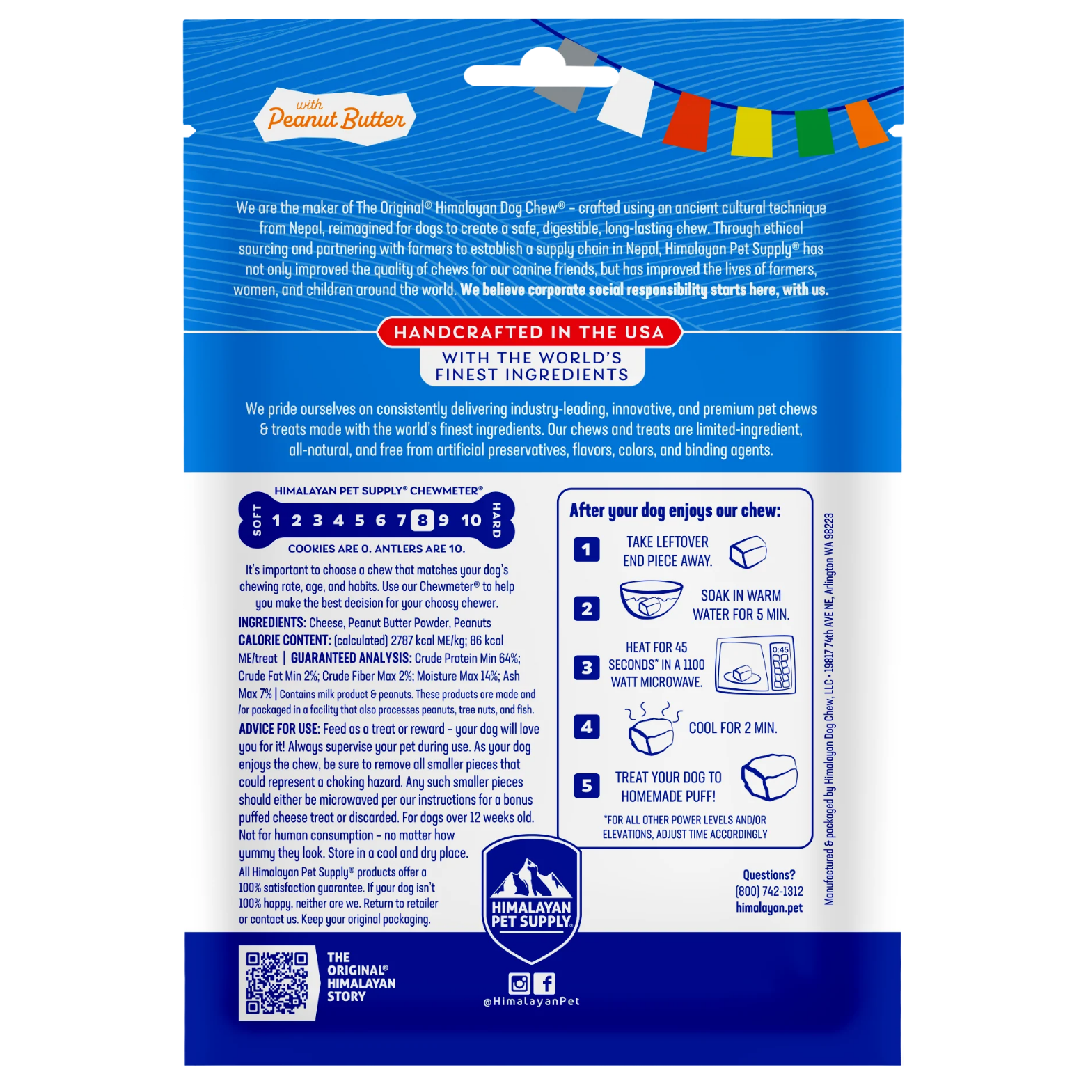 Back of the small Himalayan Dog Chew with peanut butter package. Displays product story, handcrafted in the USA message, ingredient list, guaranteed analysis, chew density scale, feeding and safety instructions, and steps for making a puffed cheese treat.