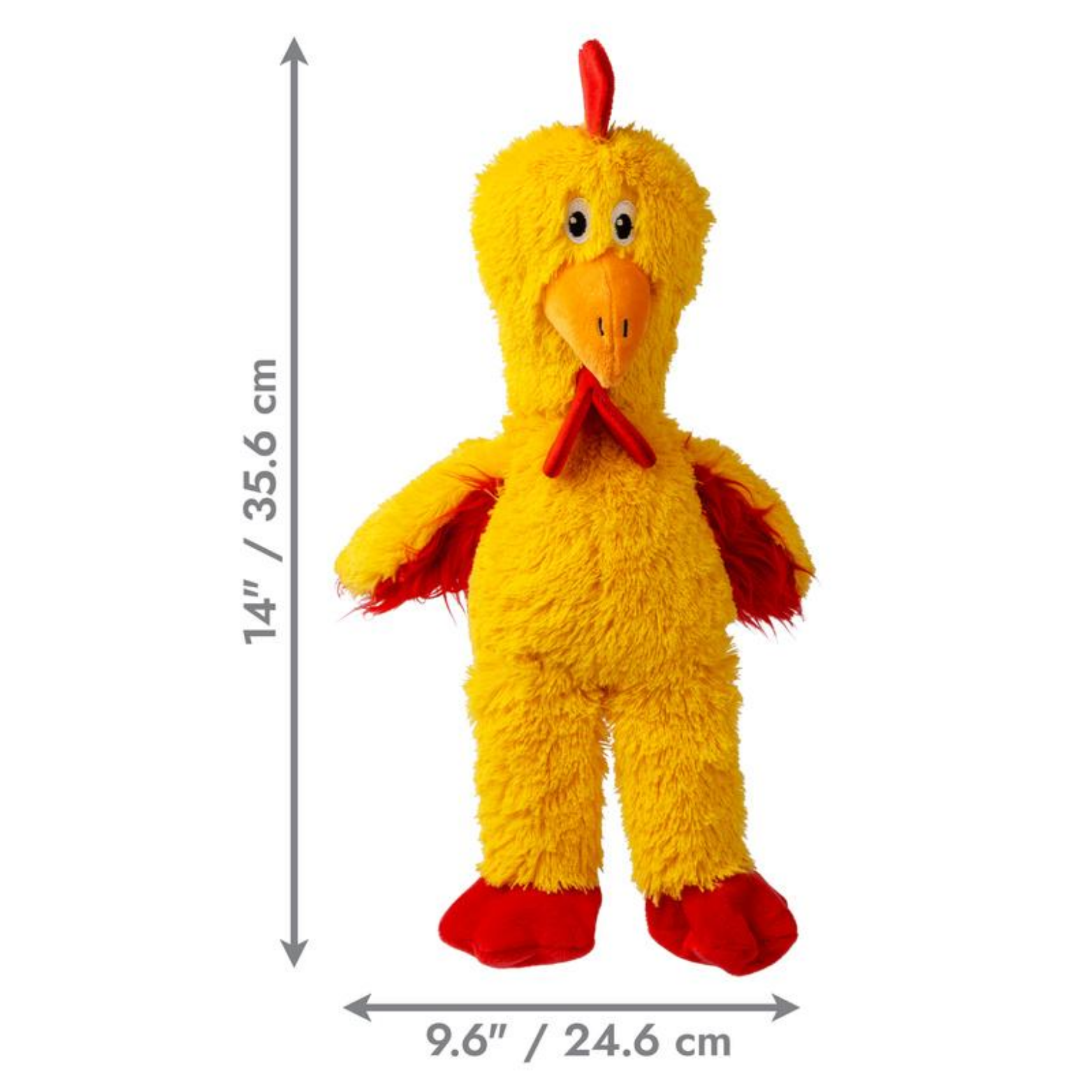 Yellow plush chicken dog toy shown with measurement arrows indicating approximately 14 inches (35.6 cm) tall and 9.6 inches (24.6 cm) wide, displayed on a white background.