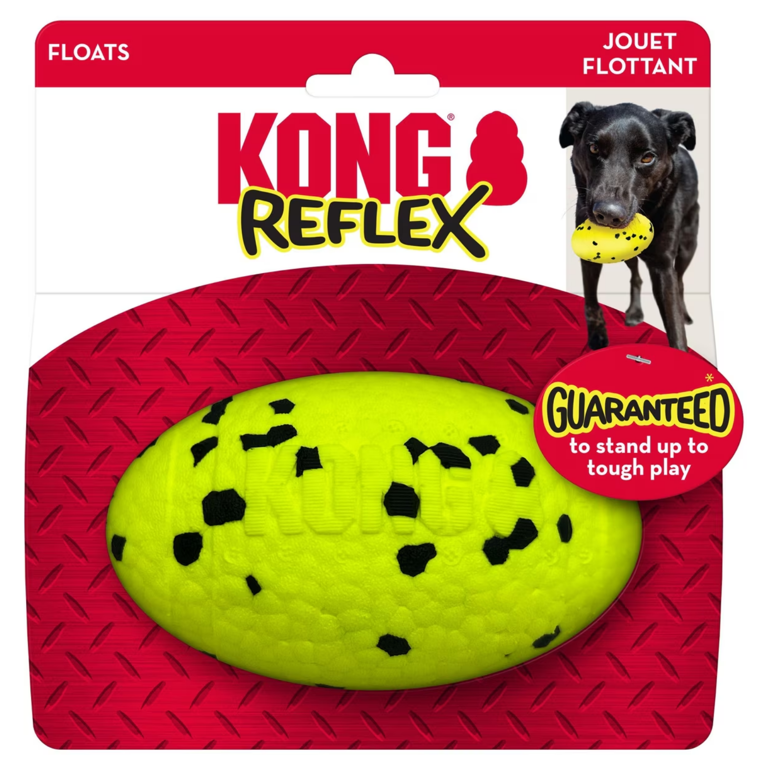 KONG Reflex football dog toy displayed in red and white retail packaging labeled “KONG Reflex,” featuring a photo of a black dog holding the yellow football and text stating it is guaranteed to stand up to tough play and floats.