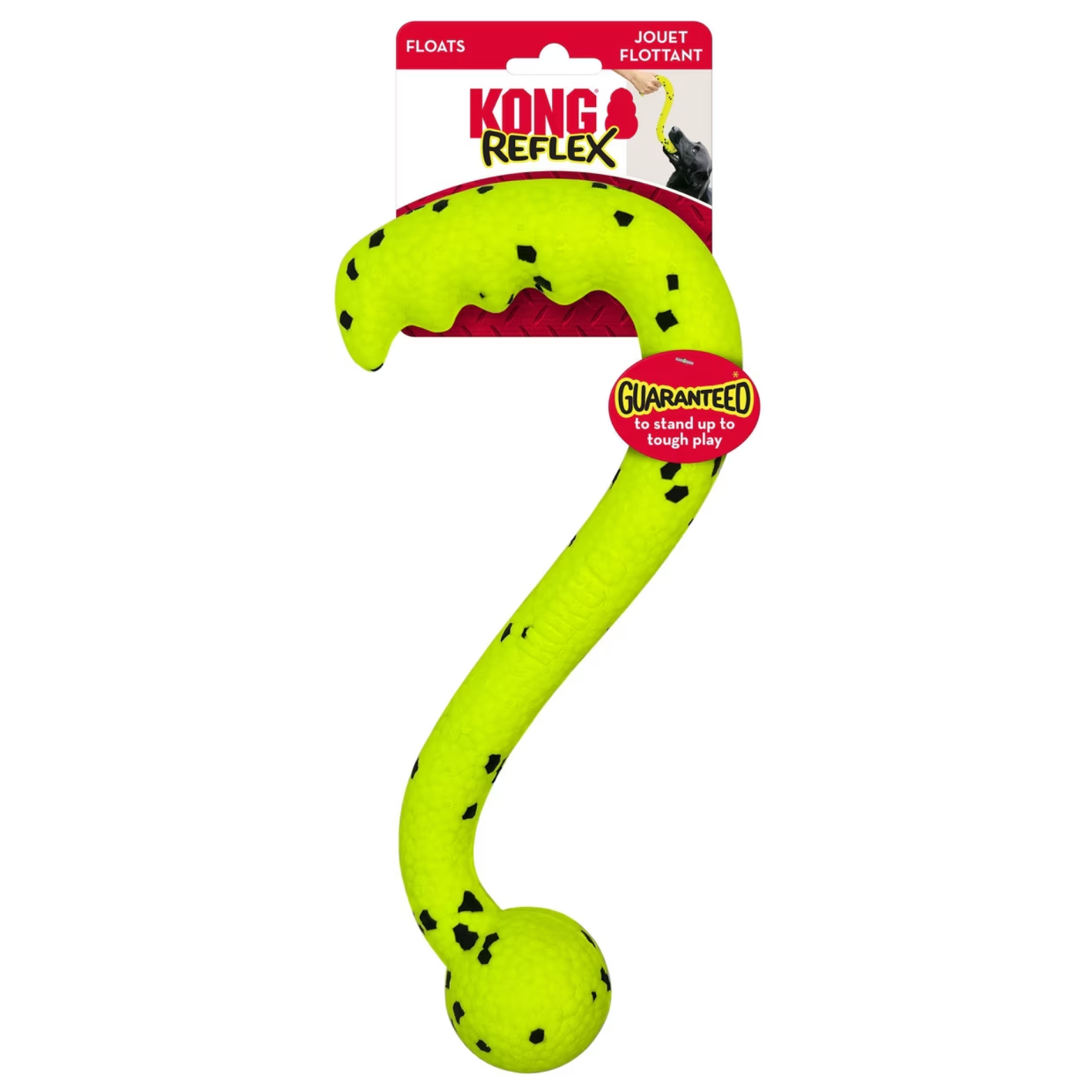 Front of KONG Reflex Tug ’N Fetch dog toy packaging. Shows the neon yellow tug toy on branded backing with labels indicating it floats and is guaranteed to stand up to tough play.