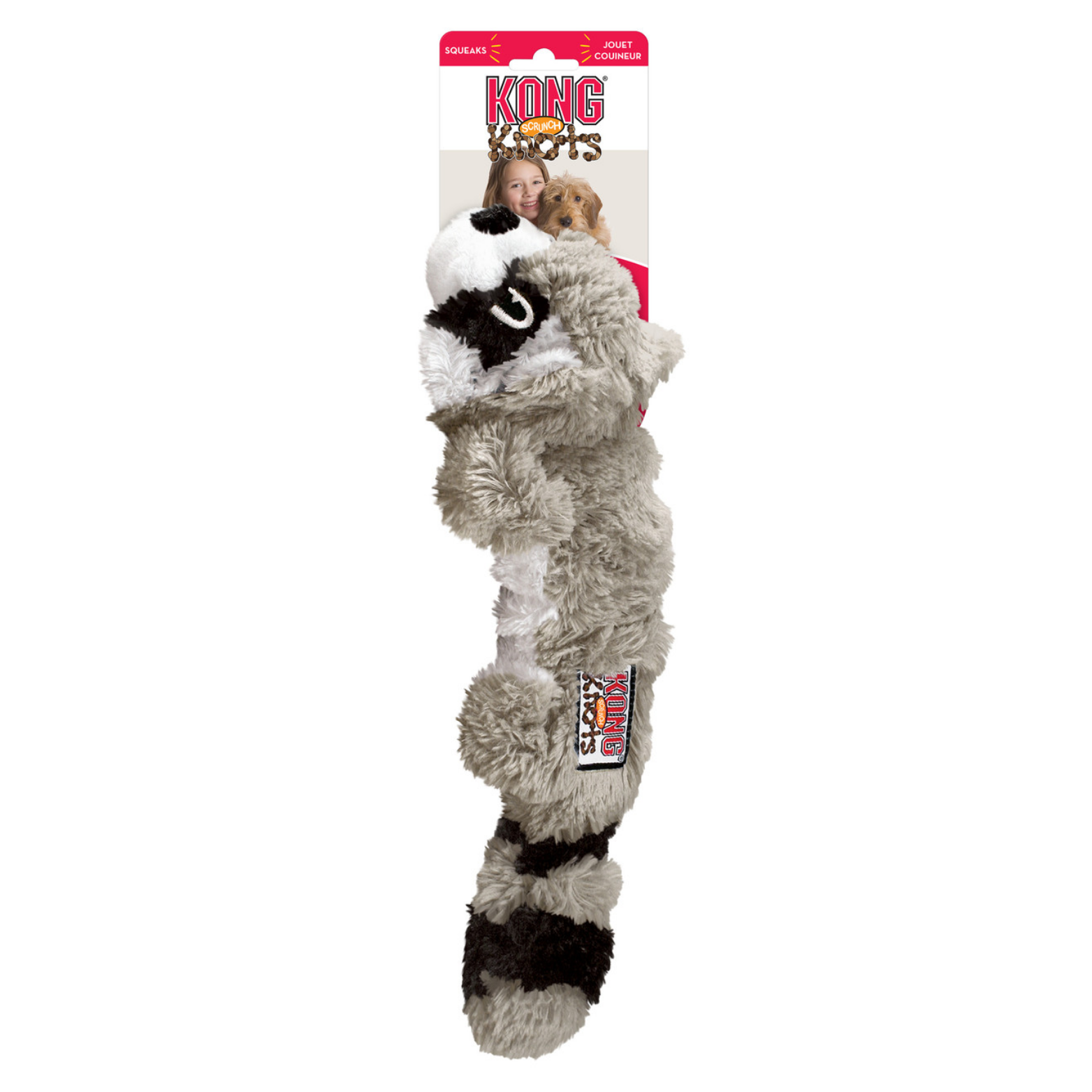 Gray plush raccoon dog toy attached to KONG Scrunch Knots packaging, shown vertically with a textured, scrunched body and dangling tail.
