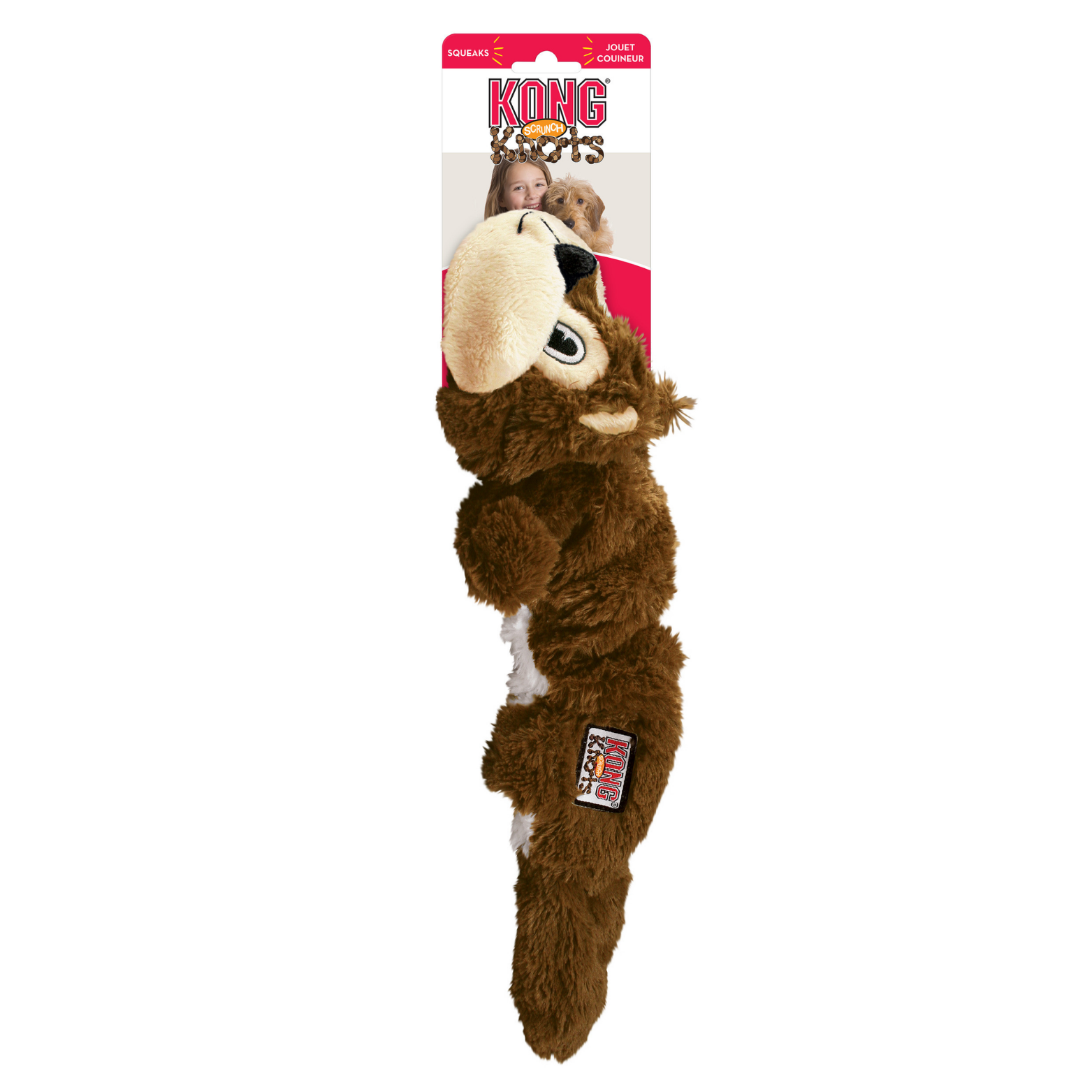 Side view of a brown plush squirrel dog toy attached to retail packaging labeled “KONG Scrunch Knots,” showing the toy’s elongated, flexible body design.