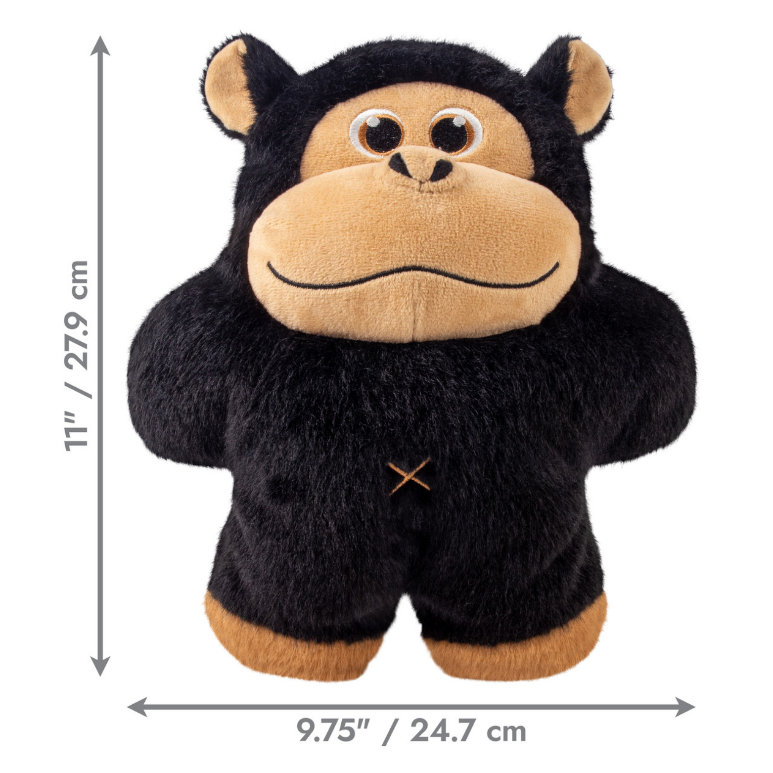 KONG Snuzzles Gorilla dog toy displayed on a white background with size measurements. The toy measures approximately 11 inches tall and 9.75 inches wide.
