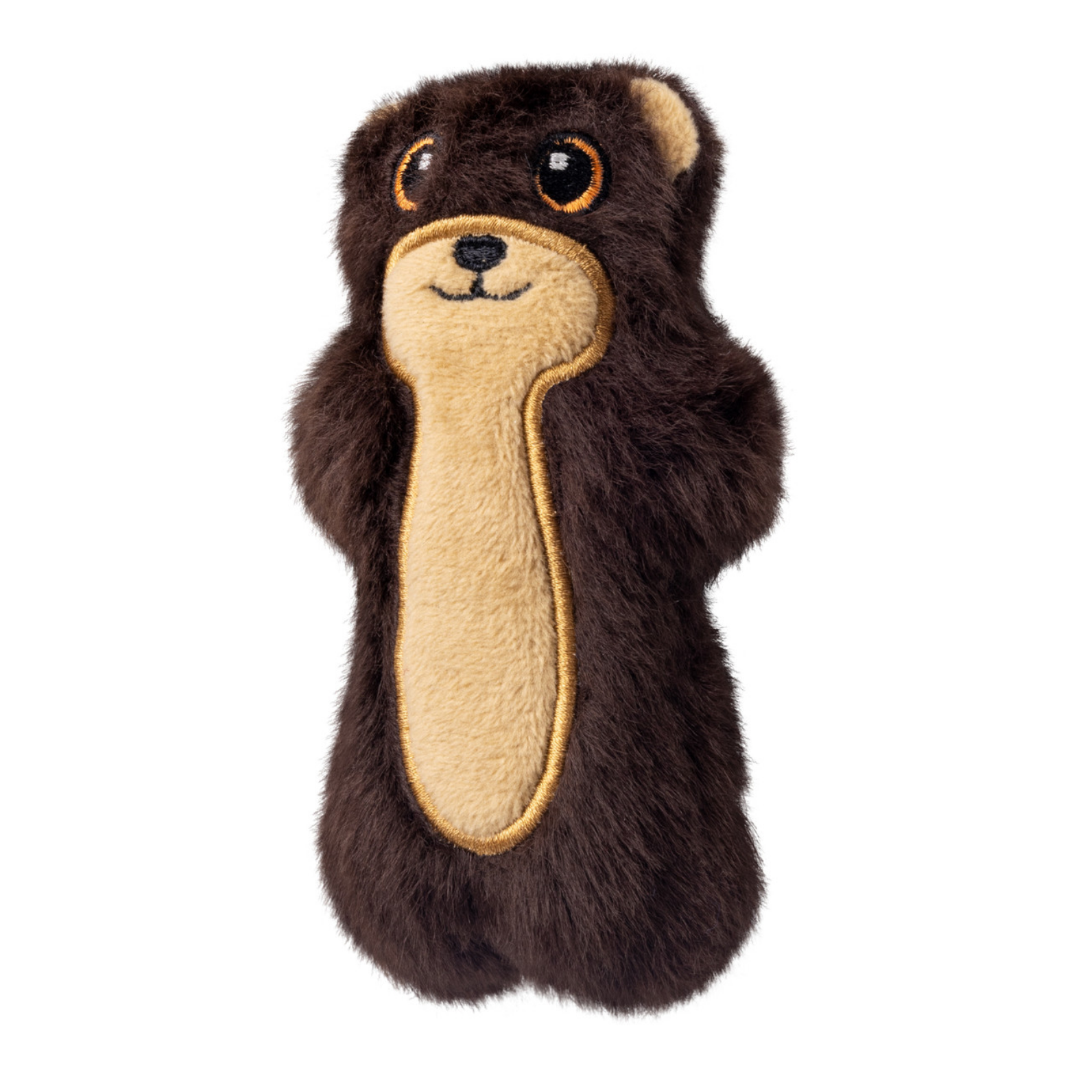 Angled side view of the brown plush KONG Snuzzles Mini Otter dog toy, showing its rounded shape and soft, fuzzy texture.