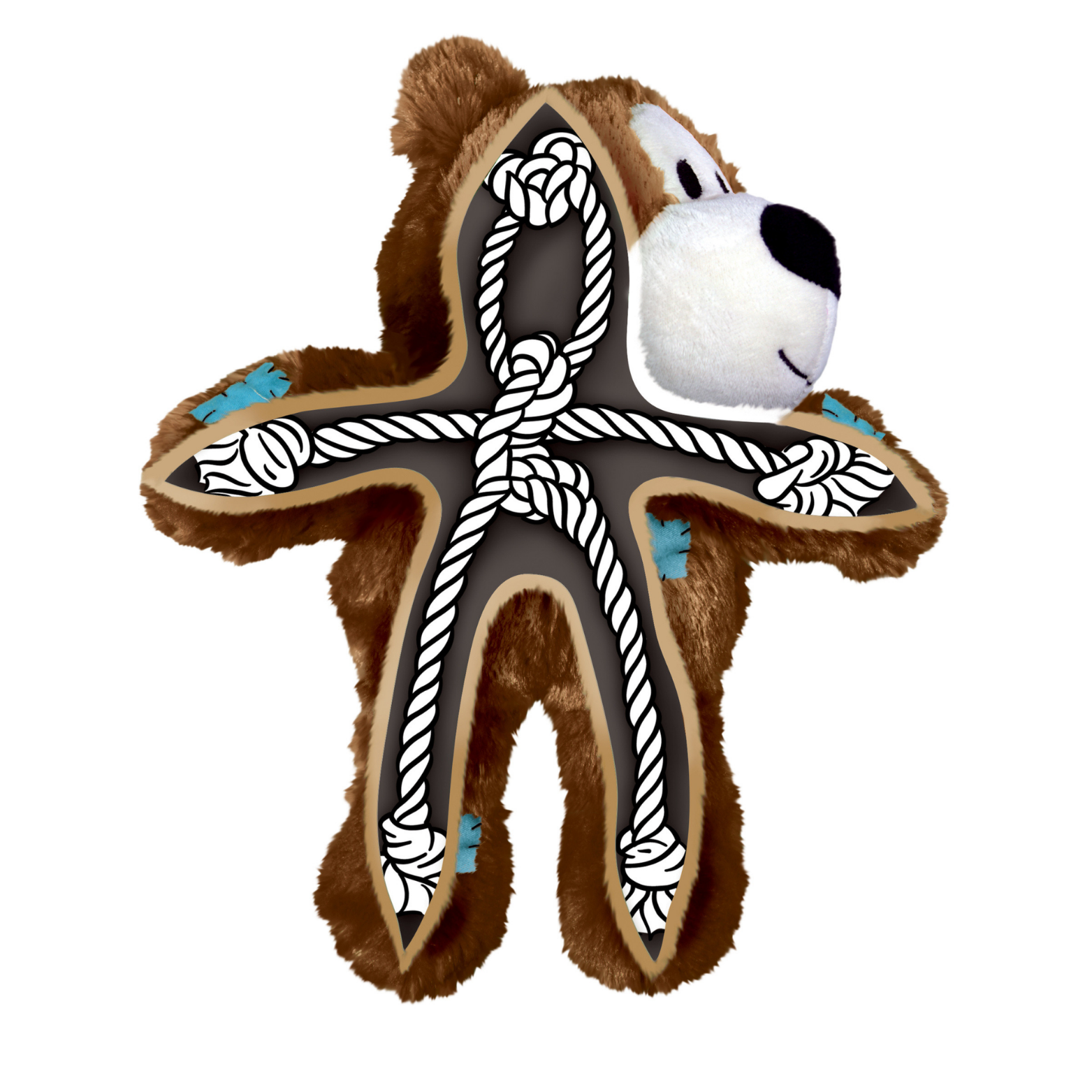 Cutaway illustration of a plush bear dog toy revealing an internal knotted rope structure extending through the head, arms, torso, and legs for durability.