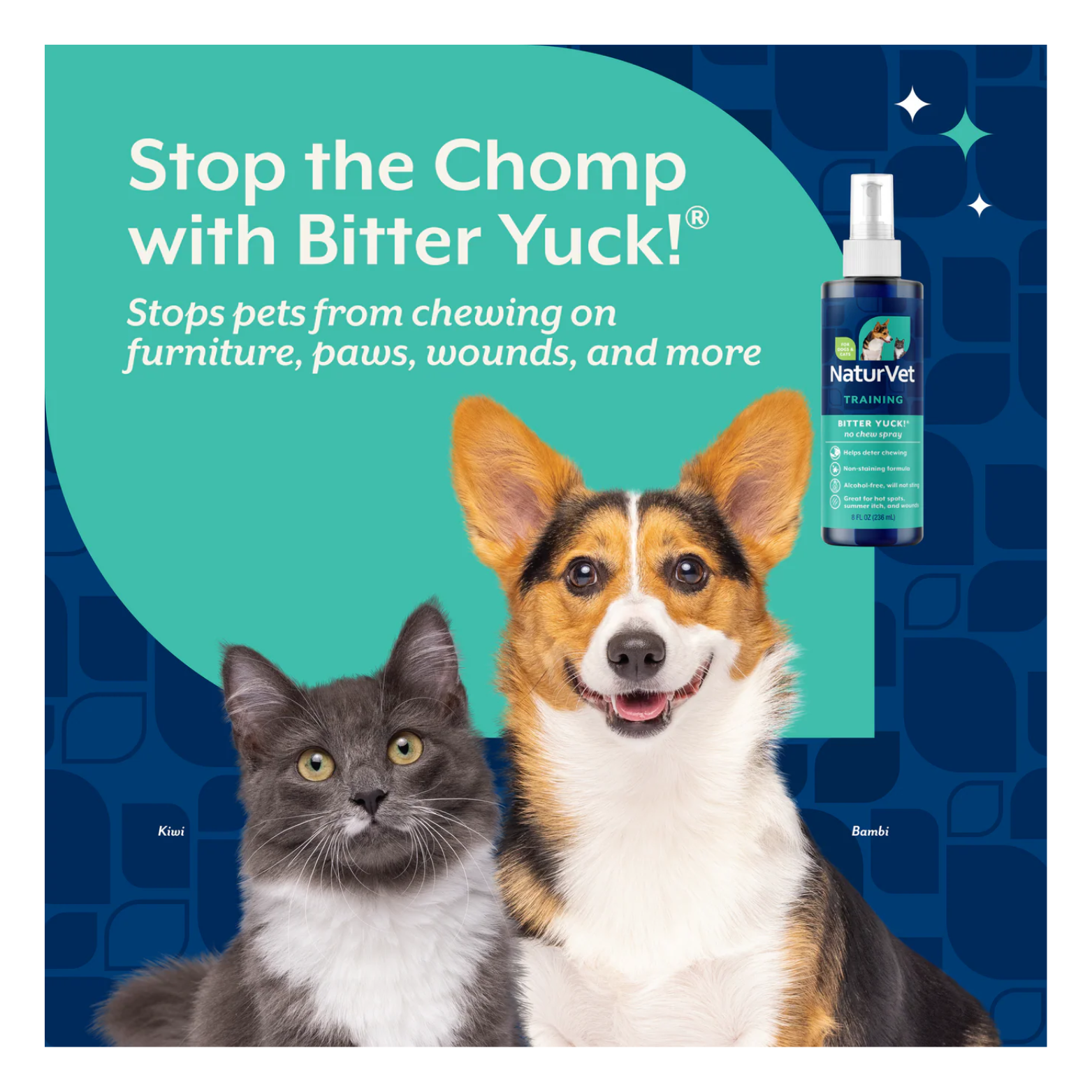A smiling corgi dog and a gray cat sitting side by side on a blue patterned background with text reading “Stop the Chomp with Bitter Yuck!” and “Stops pets from chewing on furniture, paws, wounds, and more.” A small image of the spray bottle appears in the corner.