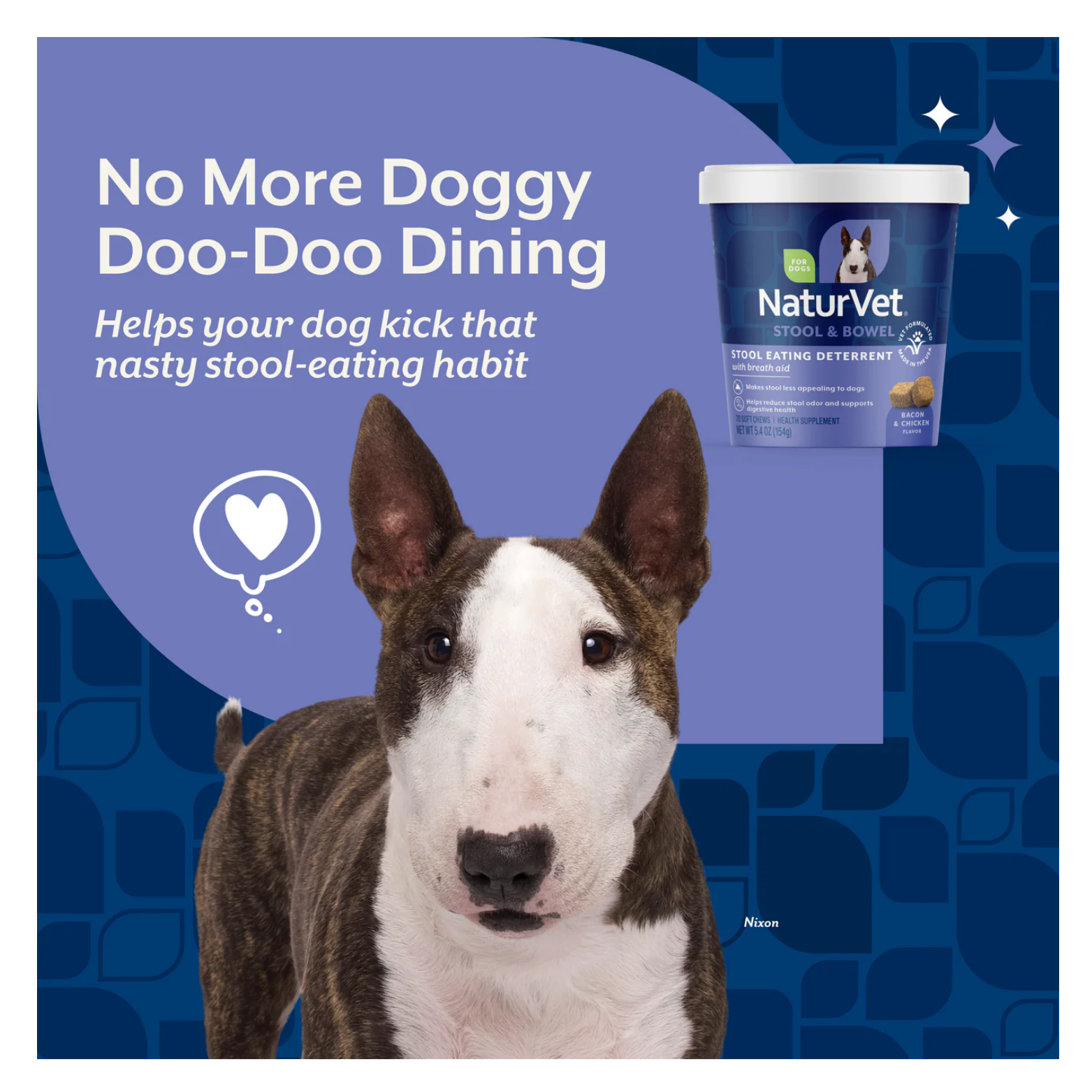 Bull Terrier standing in front of purple background with text “No More Doggy Doo-Doo Dining,” promoting NaturVet Stool & Bowel Stool Eating Deterrent to help stop stool-eating habits.