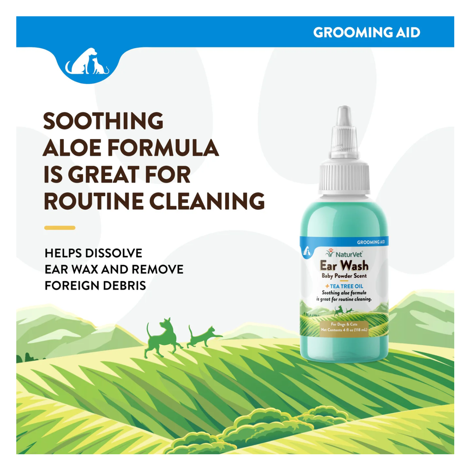 Promotional graphic for NaturVet Ear Wash highlighting a soothing aloe formula that helps dissolve ear wax and remove foreign debris, with product bottle shown on a green landscape background.