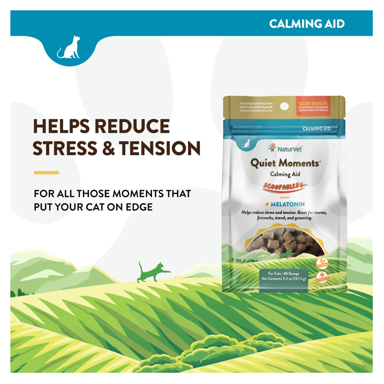 Informational graphic showing NaturVet Quiet Moments Scoopables pouch on a green landscape background with text stating it helps reduce stress and tension in cats.