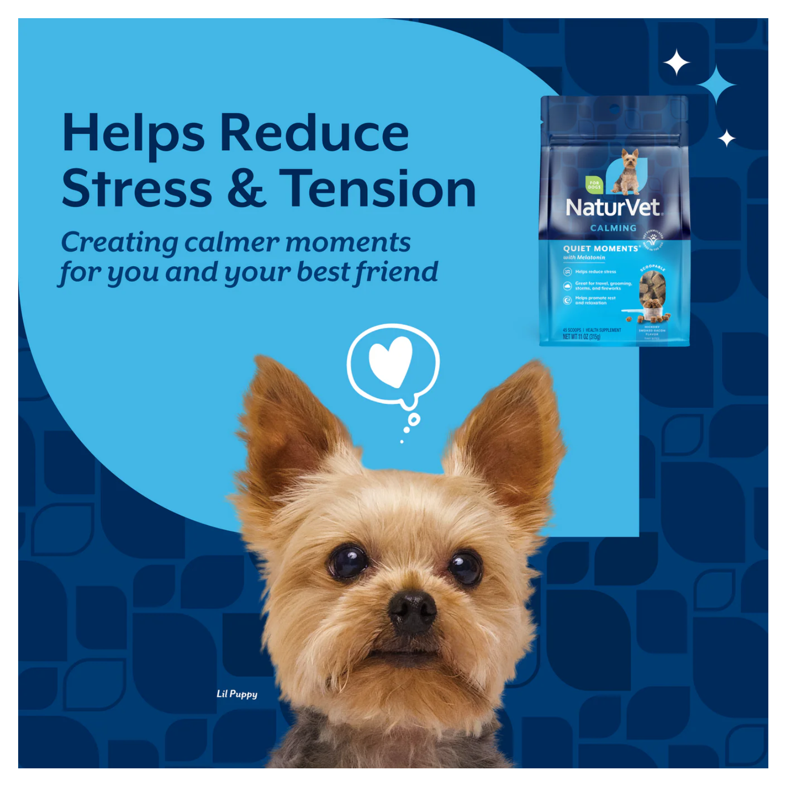 Promotional graphic with a small dog’s face and text reading “Helps Reduce Stress & Tension,” followed by “Creating calmer moments for you and your best friend,” alongside a small image of the product package.