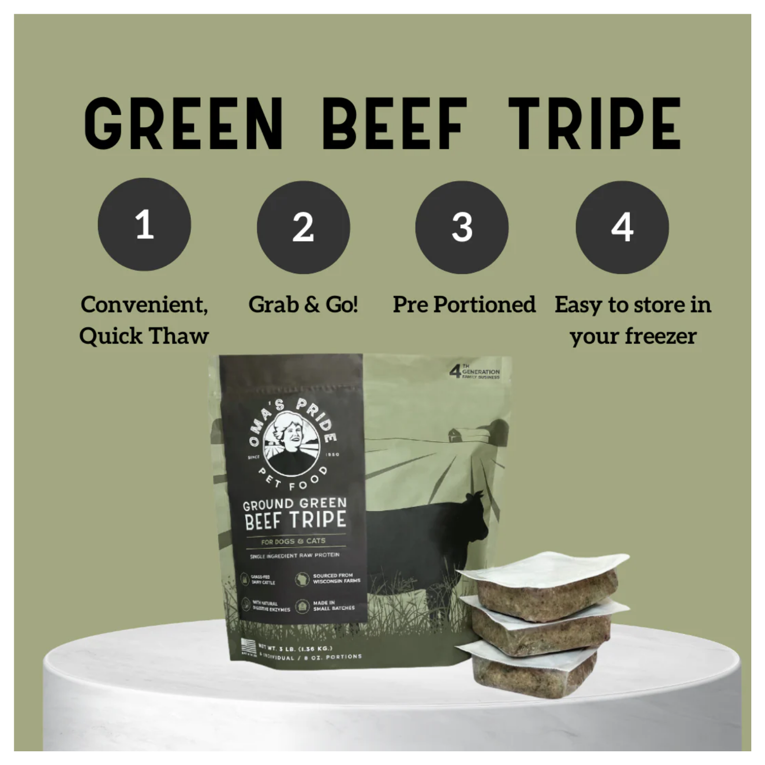 Promotional graphic for Ground Green Beef Tripe highlighting benefits including convenient quick thaw, grab and go, pre-portioned, and easy freezer storage with the product and portion packs displayed.