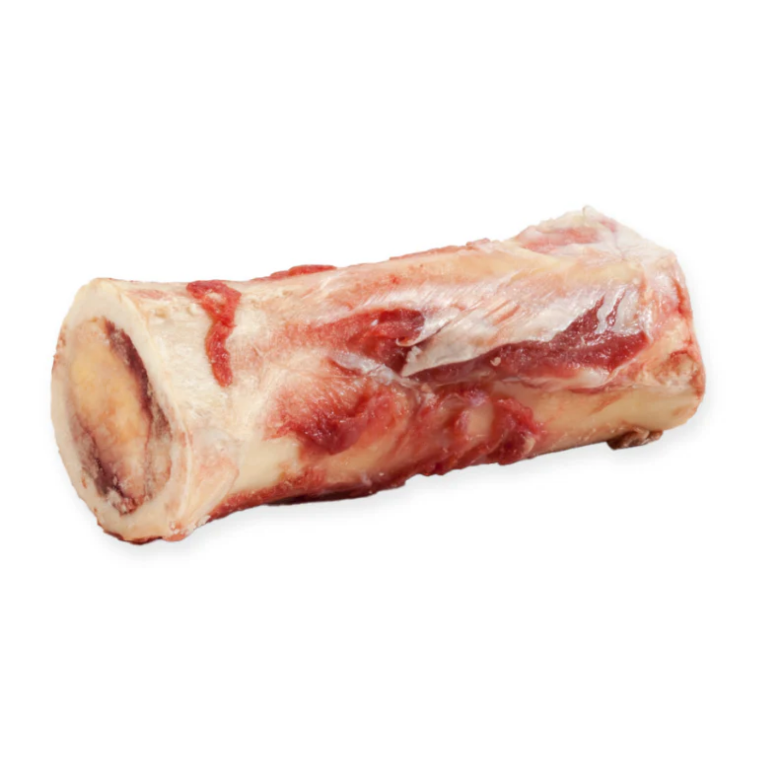 A large raw beef marrow bone shown from the side with exposed marrow and meat on a white background.