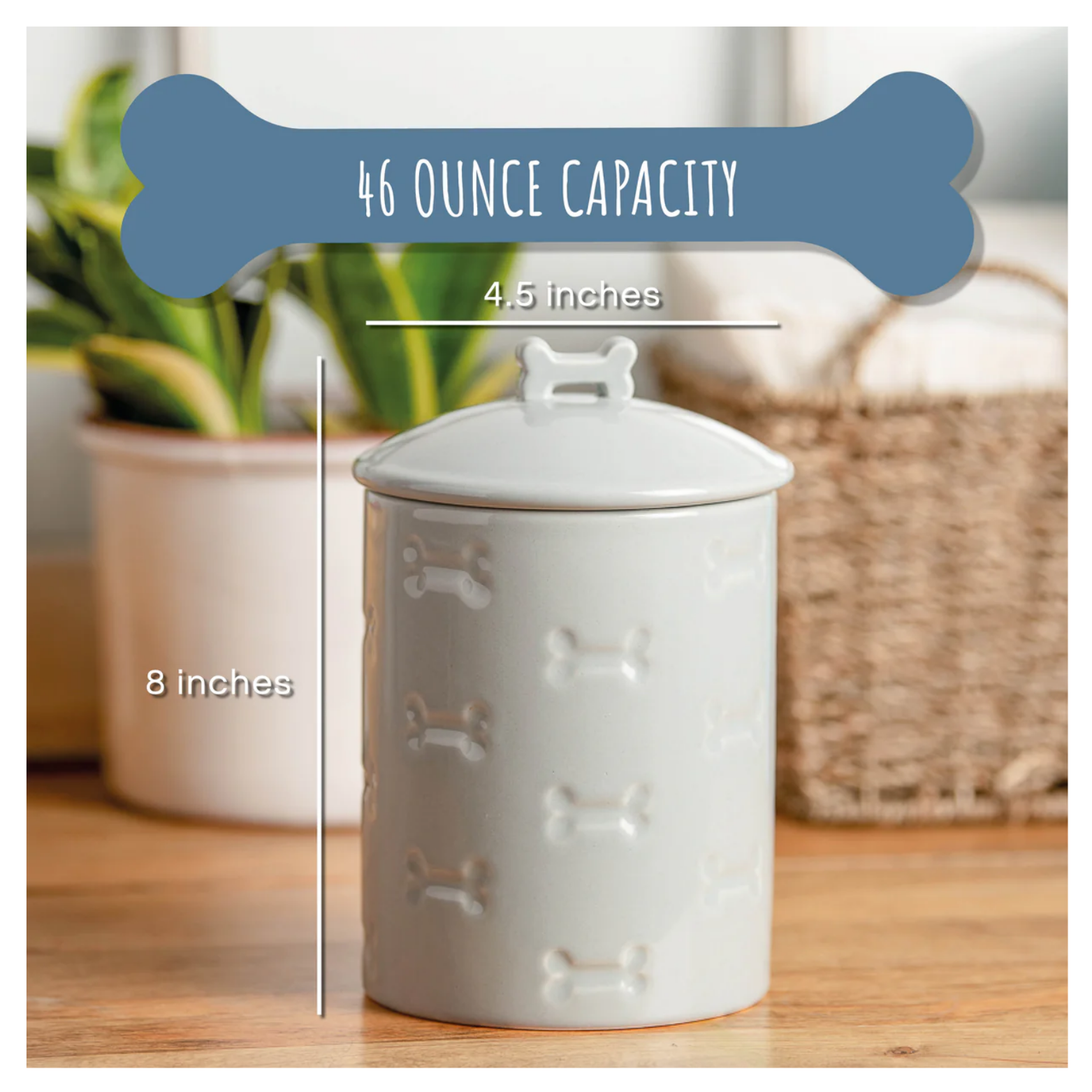 Graphic showing a white ceramic pet treat jar labeled with a 46-ounce capacity, measuring 8 inches tall and 4.5 inches wide, displayed on a wooden surface.