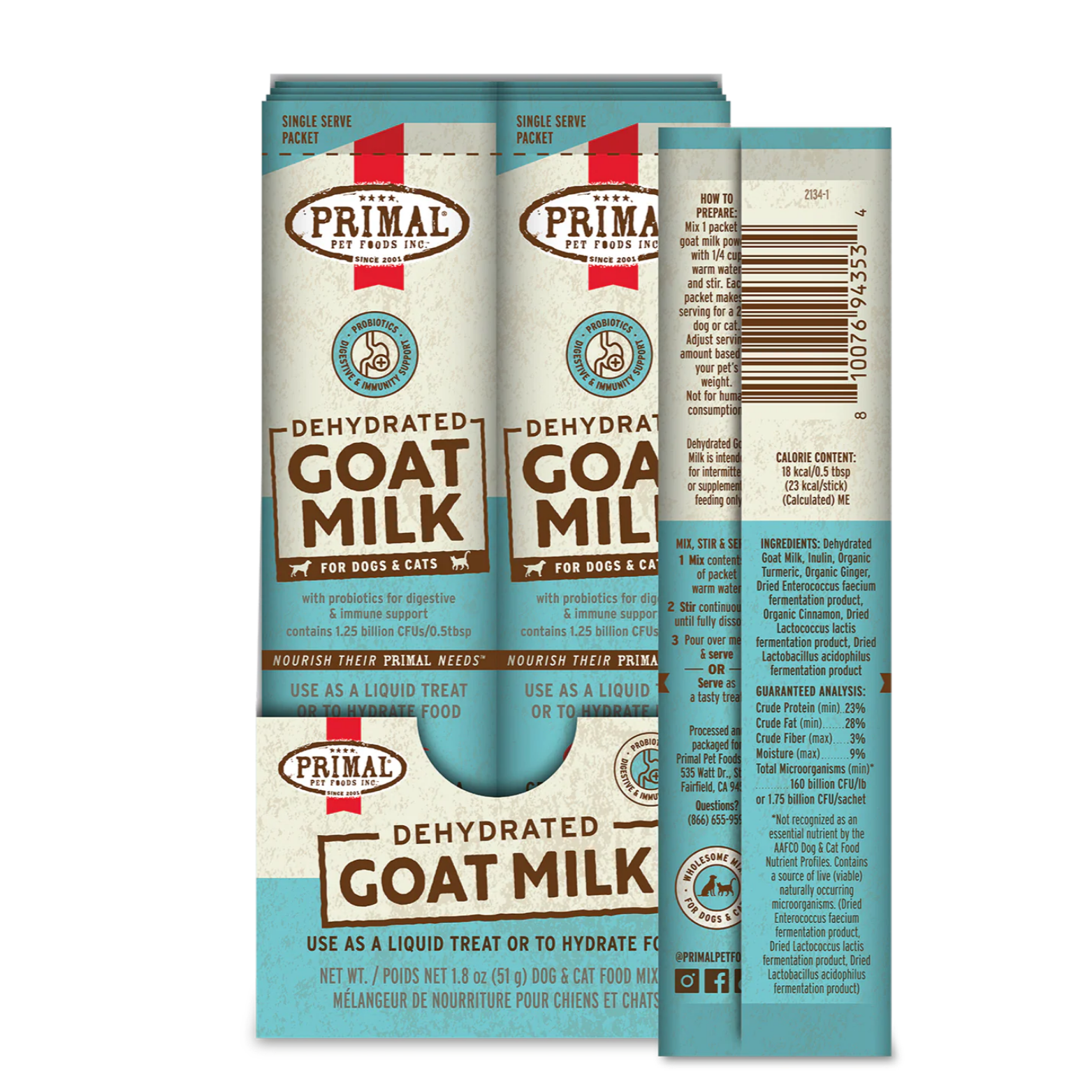 Front and back of a Primal Dehydrated Goat Milk pouch for dogs and cats with probiotics for digestive and immune support. The packaging includes preparation instructions, nutritional analysis, and ingredient information.