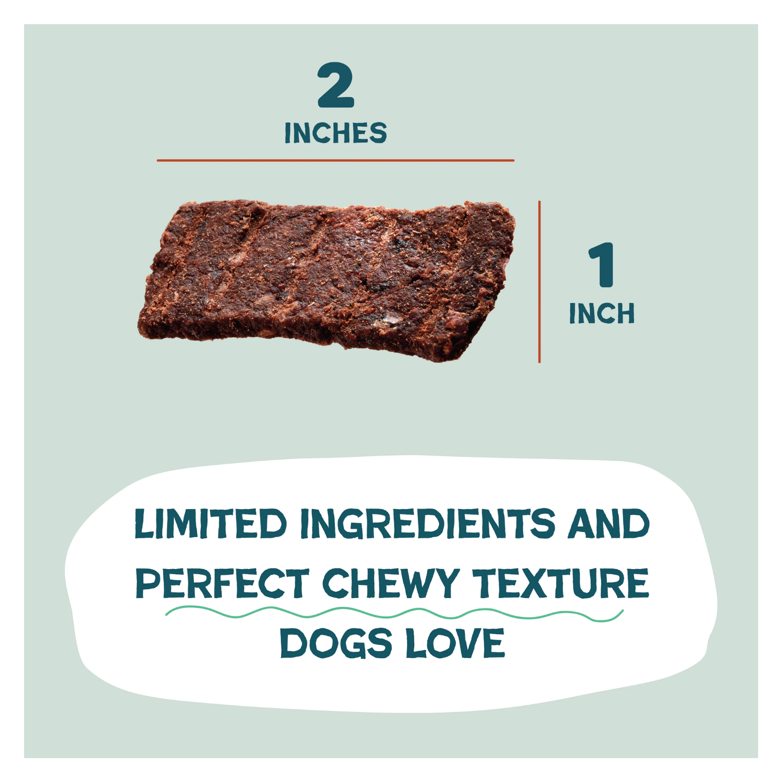 Close-up graphic of a single jerky strip labeled as 2 inches long and 1 inch wide, with text stating “Limited ingredients and perfect chewy texture dogs love.”
