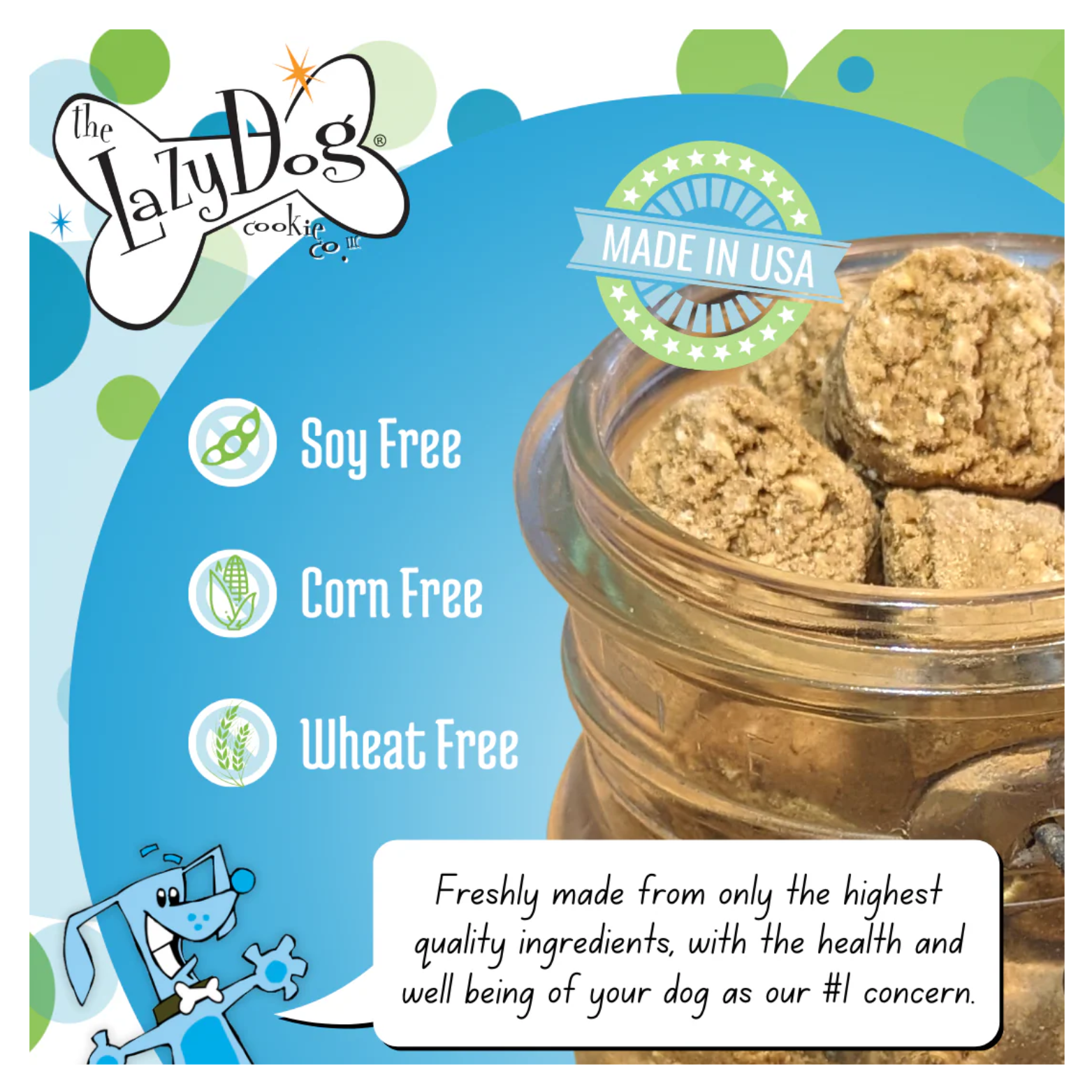 Graphic showing a jar filled with soft-baked dog treats alongside icons and text stating soy free, corn free, wheat free, and made in the USA.