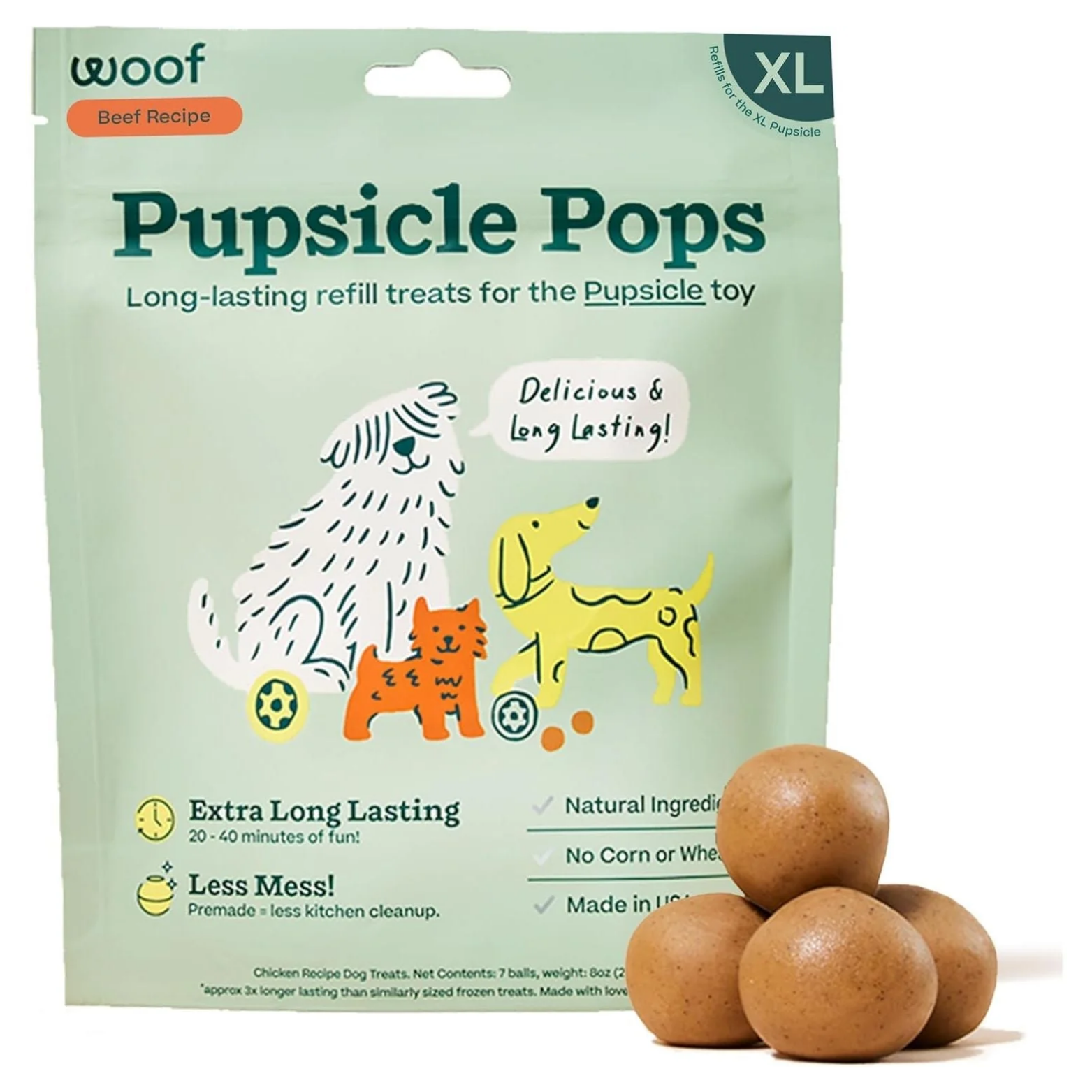 Woof Pupsicle Pops dog treats package, extra-large size (XL), beef recipe. Mint green bag featuring illustrated dogs and “delicious and long lasting” message, with three brown round treat balls placed in front.