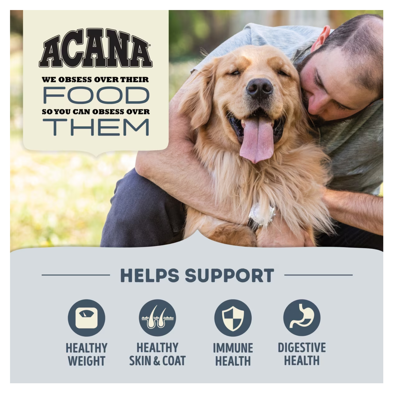 A man kneels outdoors hugging a golden retriever. Text reads “ACANA – We obsess over their food so you can obsess over them,” followed by icons indicating support for healthy weight, healthy skin and coat, immune health, and digestive health.