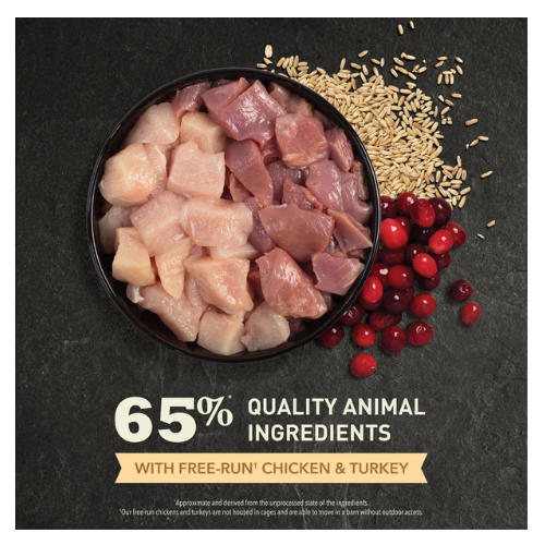 Bowl of raw chicken and turkey pieces surrounded by grains and cranberries, with text stating ‘65% quality animal ingredients’ and ‘with free-run chicken & turkey.’