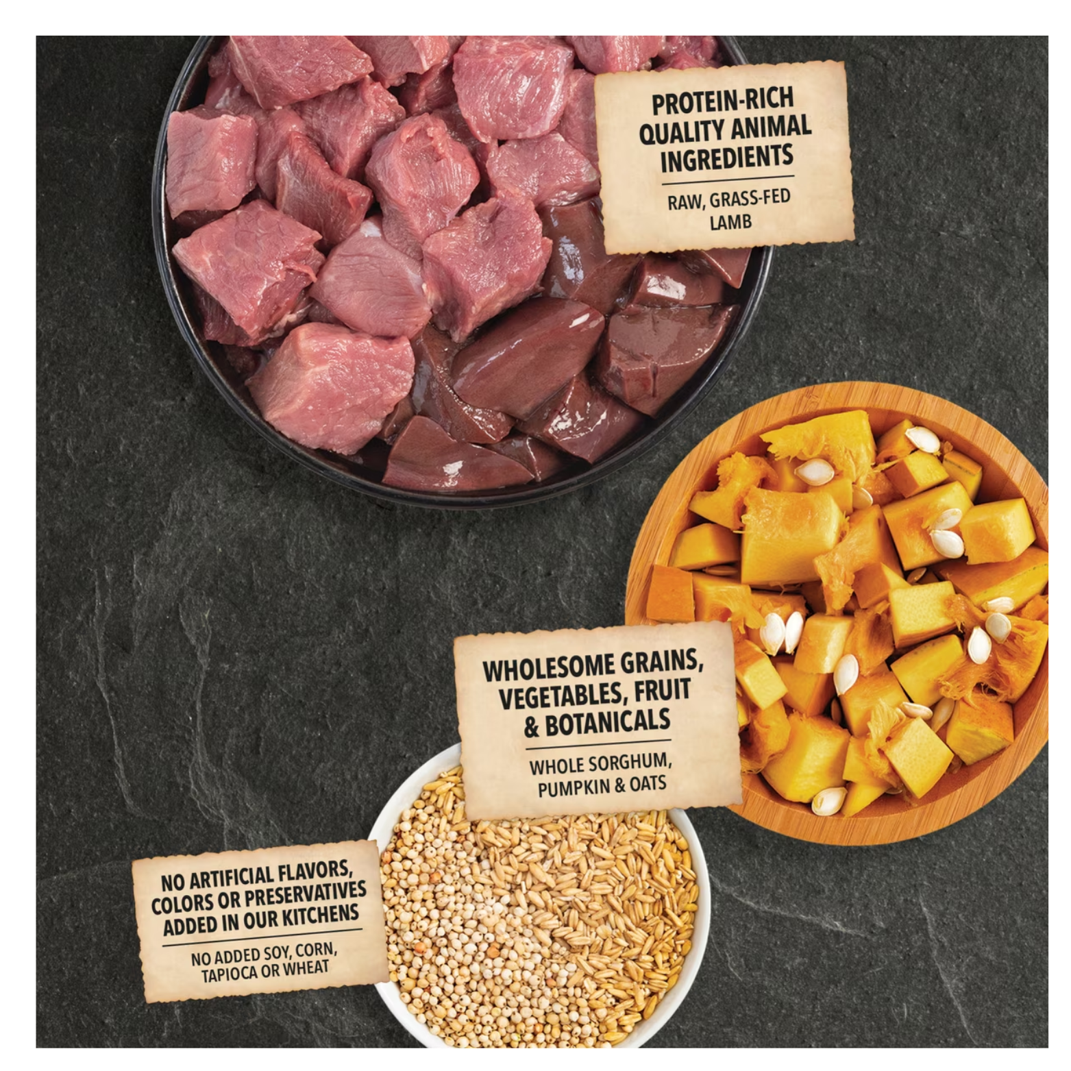 Top-down image of raw grass-fed lamb chunks and lamb liver in a bowl, alongside bowls of pumpkin cubes, whole sorghum, and oats, with callouts describing protein-rich animal ingredients and wholesome grains, vegetables, fruit, and botanicals.