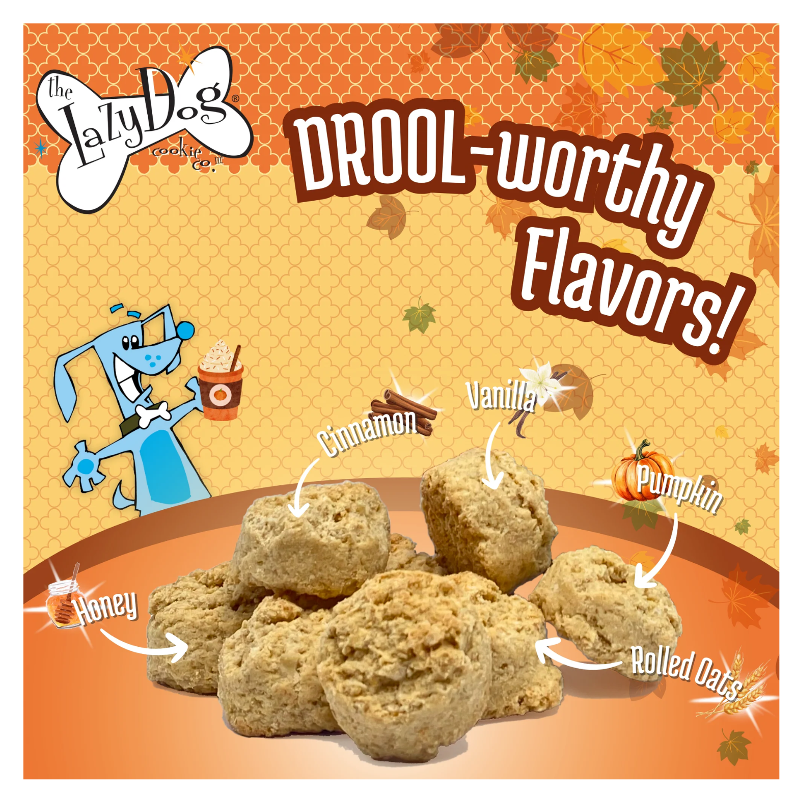 Promotional image of several soft baked dog treats labeled with arrows pointing to ingredients including honey, cinnamon, vanilla, pumpkin, and rolled oats, with text reading “Drool-worthy flavors!” and a cartoon dog holding a drink.