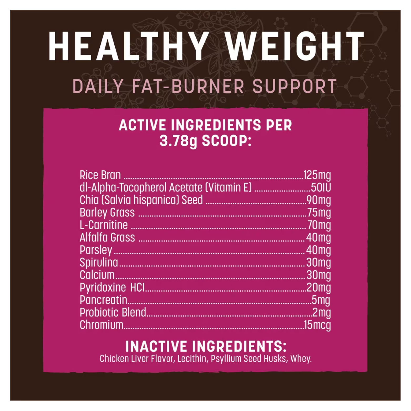 Ingredient list graphic showing active ingredients per 3.78-gram scoop for the Healthy Weight supplement, including rice bran, chia seed, L-carnitine, spirulina, probiotics, and vitamins.