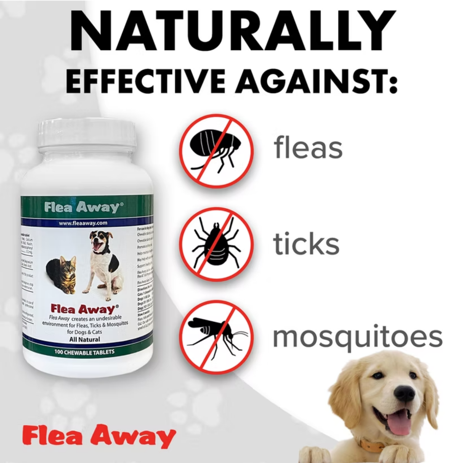 Flea Away Natural Flea, Tick, and Mosquito Repellent Dog & Cat 100ct tablets