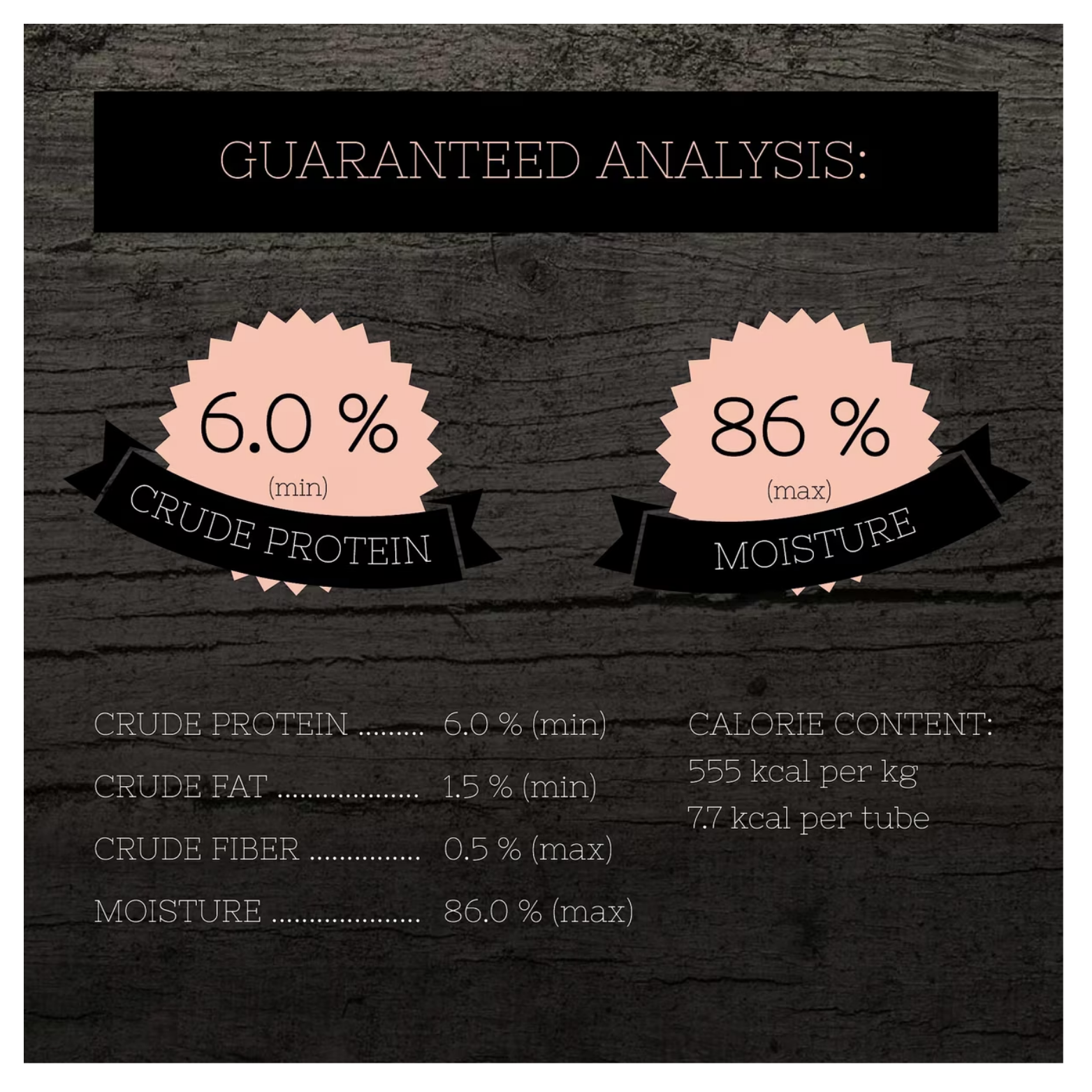 Guaranteed analysis graphic for Fussie Cat Chicken with Duck Purée listing crude protein, fat, fiber, moisture percentages, and calorie content per tube.
