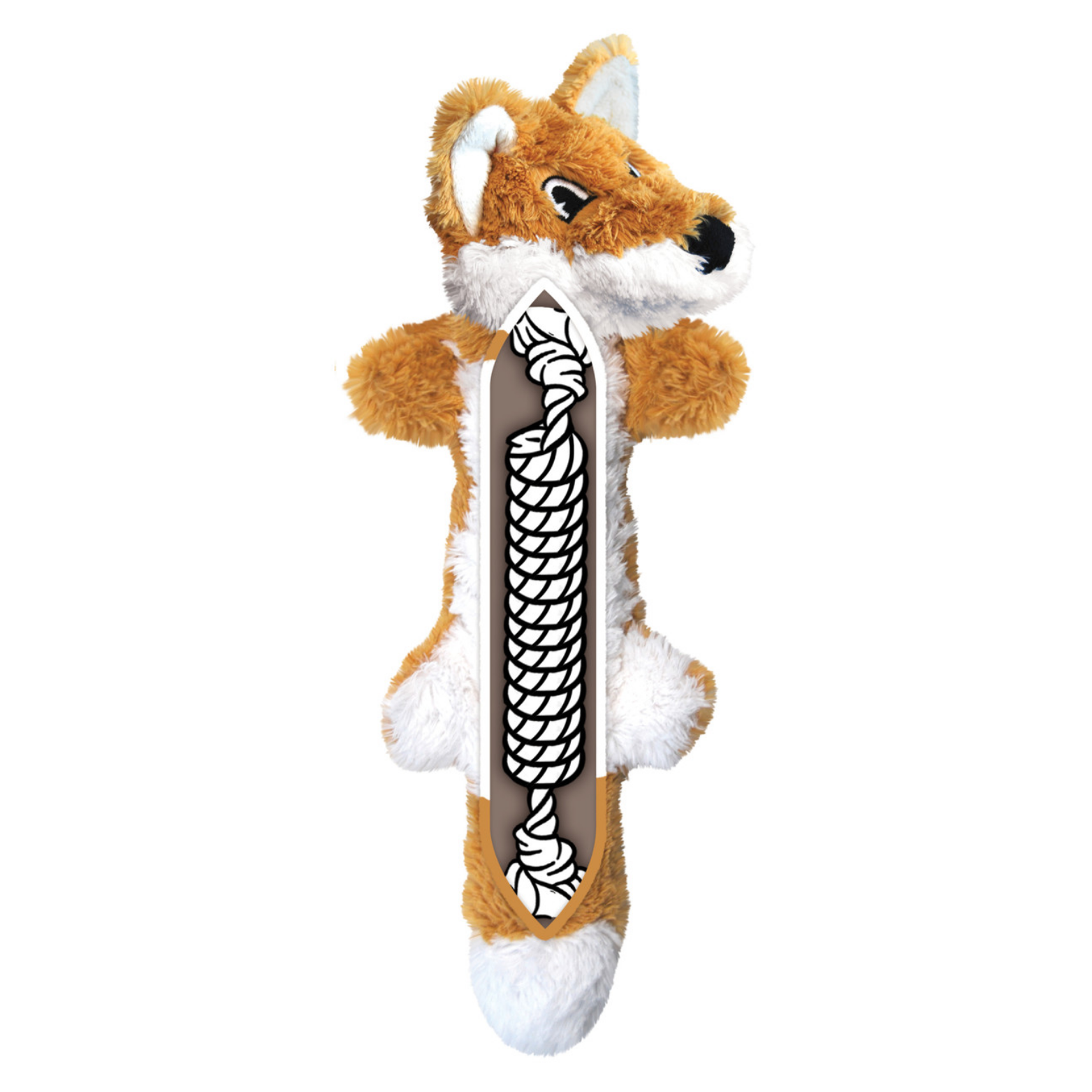 Illustration showing the internal knotted rope structure inside the raccoon plush dog toy, running from head through the body for durability.
