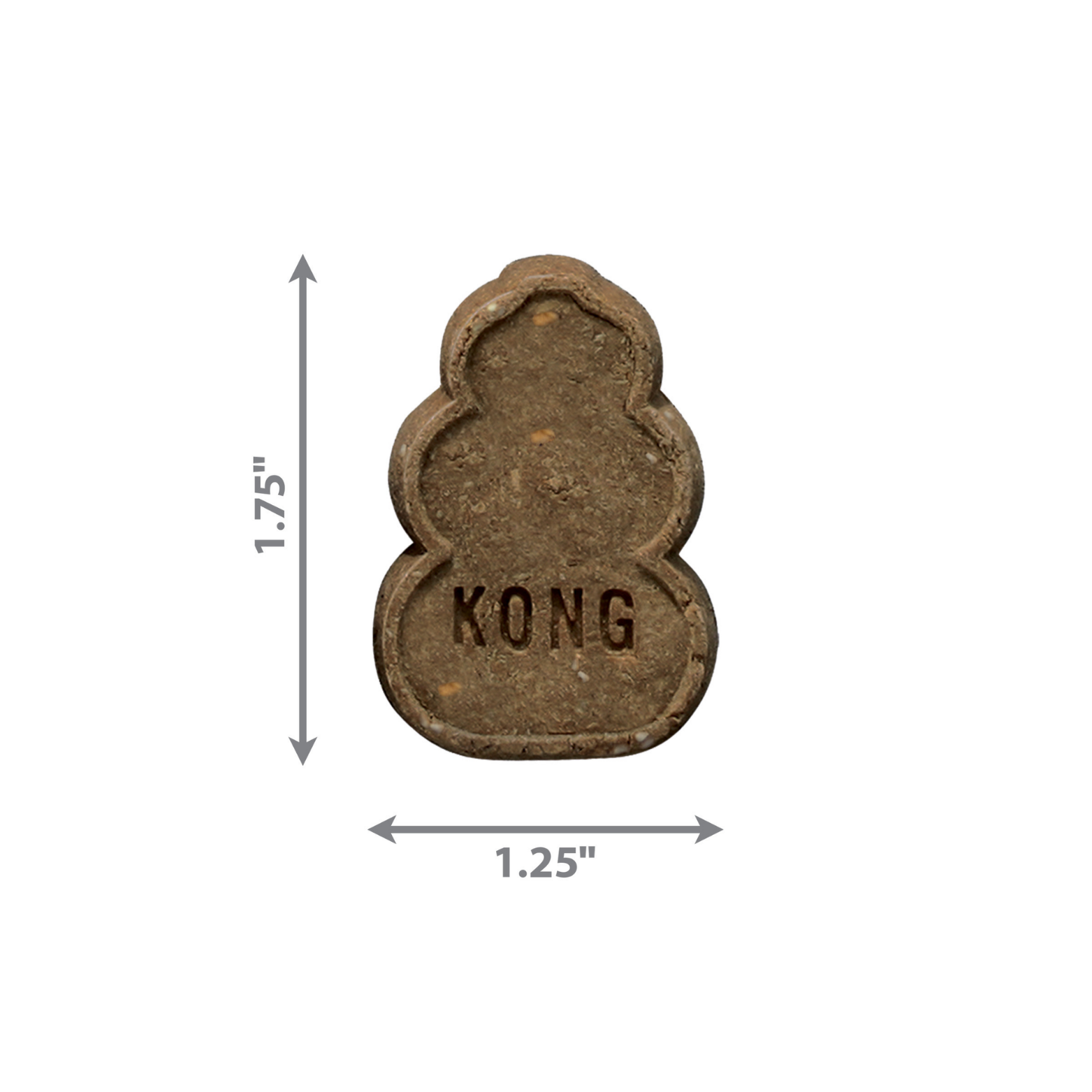 Brown KONG-shaped dog treat shown with measurement arrows indicating approximately 1.75 inches tall and 1.25 inches wide.