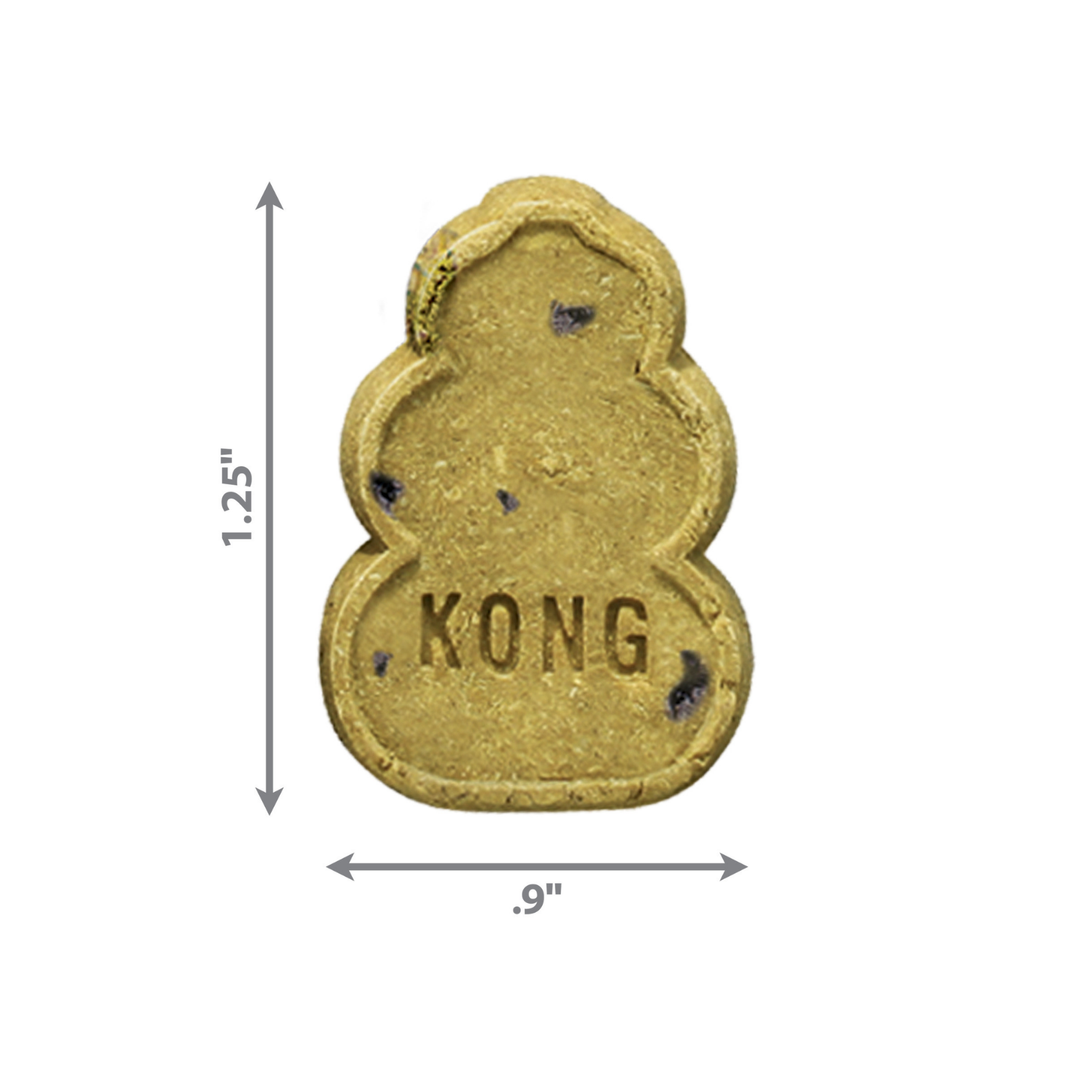 KONG-shaped puppy treat shown on a white background with measurement arrows indicating approximately 1.25 inches tall and 0.9 inches wide.