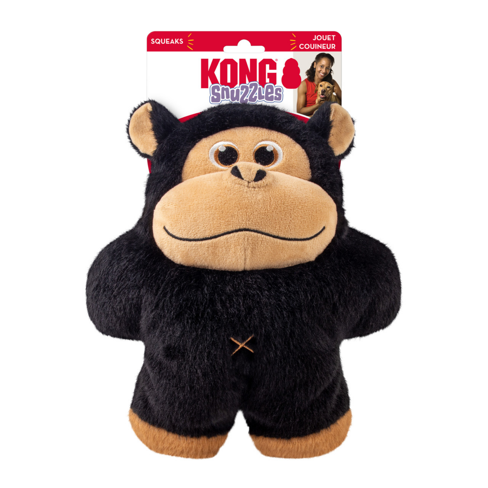 Front of KONG Snuzzles Gorilla dog toy packaging. Shows the plush gorilla attached to branded backing with labels indicating squeaks and soft, full-body plush construction.