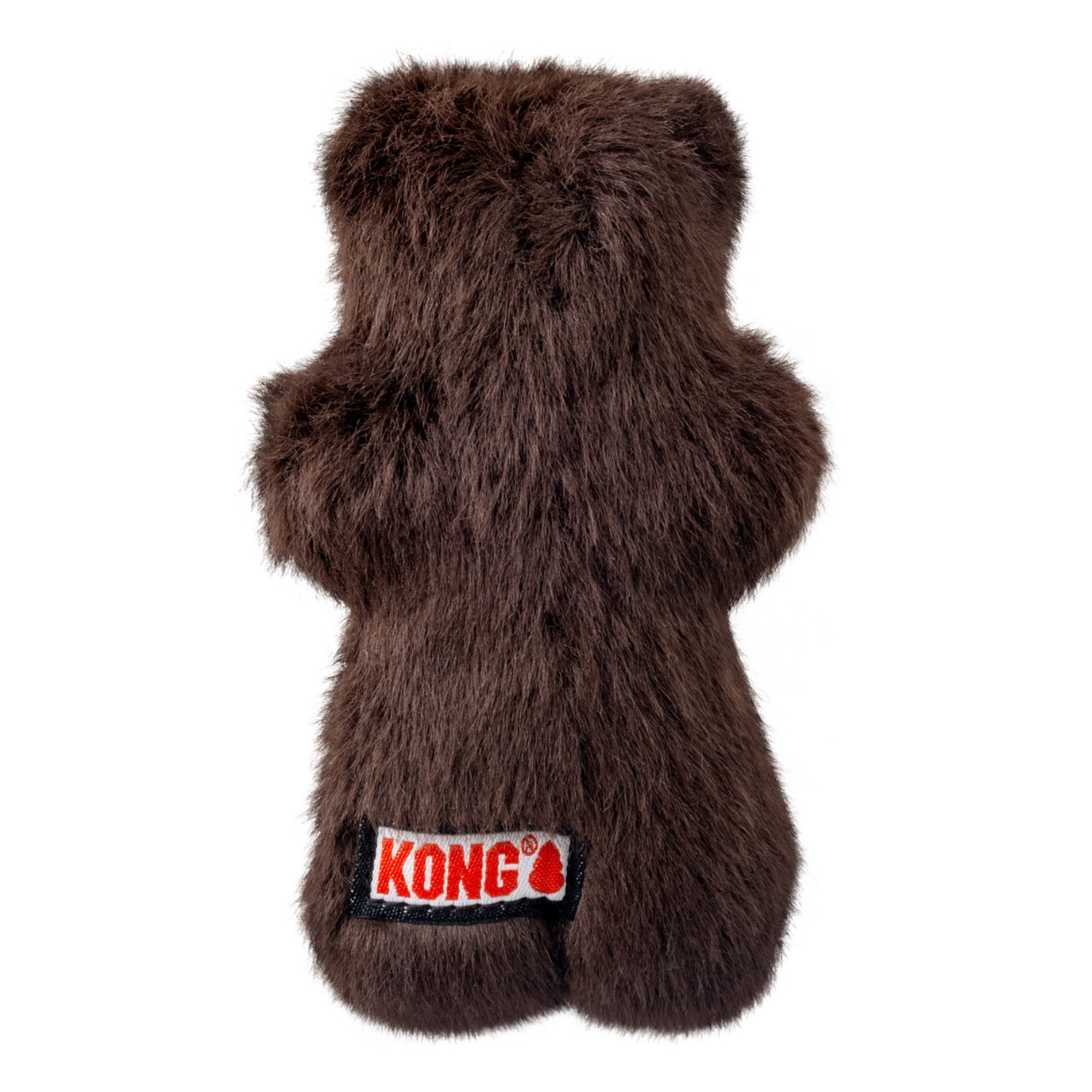 Rear view of the KONG Snuzzles Mini Otter dog toy, showing the solid brown plush back and a sewn KONG logo tag.