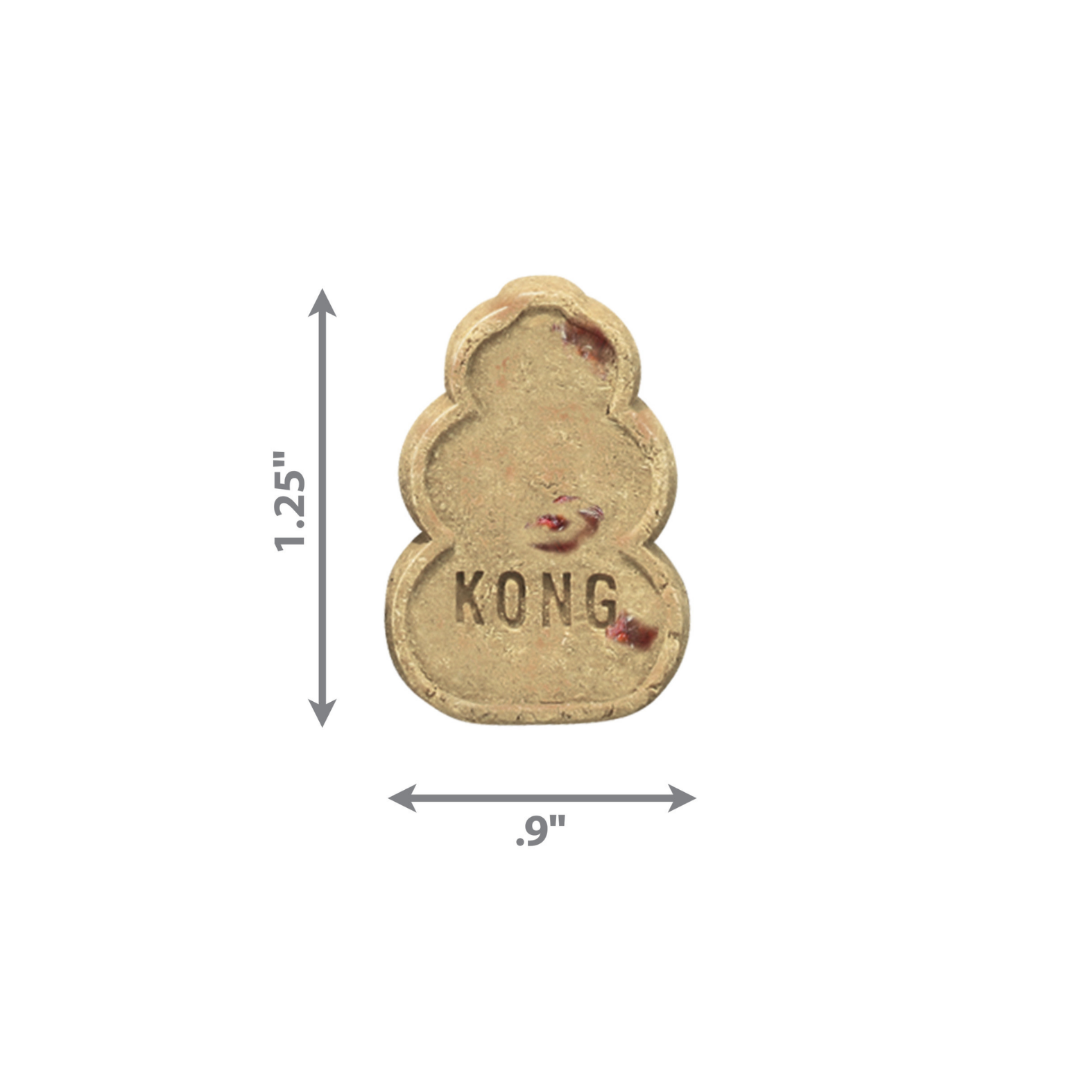 Single KONG-shaped dog treat shown on a white background with measurement arrows indicating approximately 1.25 inches tall and 0.9 inches wide.