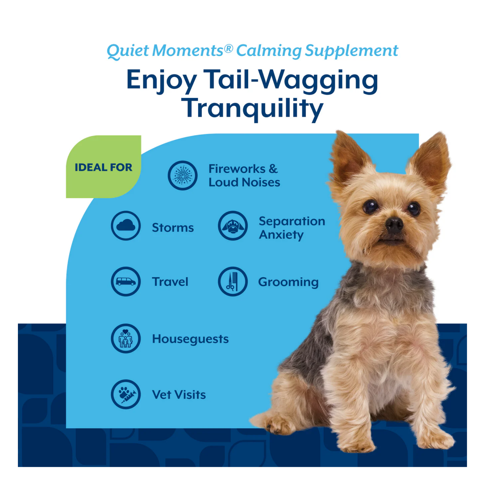 Informational graphic titled “Enjoy Tail-Wagging Tranquility” listing situations the supplement is ideal for, including fireworks, storms, separation anxiety, travel, grooming, houseguests, and vet visits, with a small terrier pictured on the right.