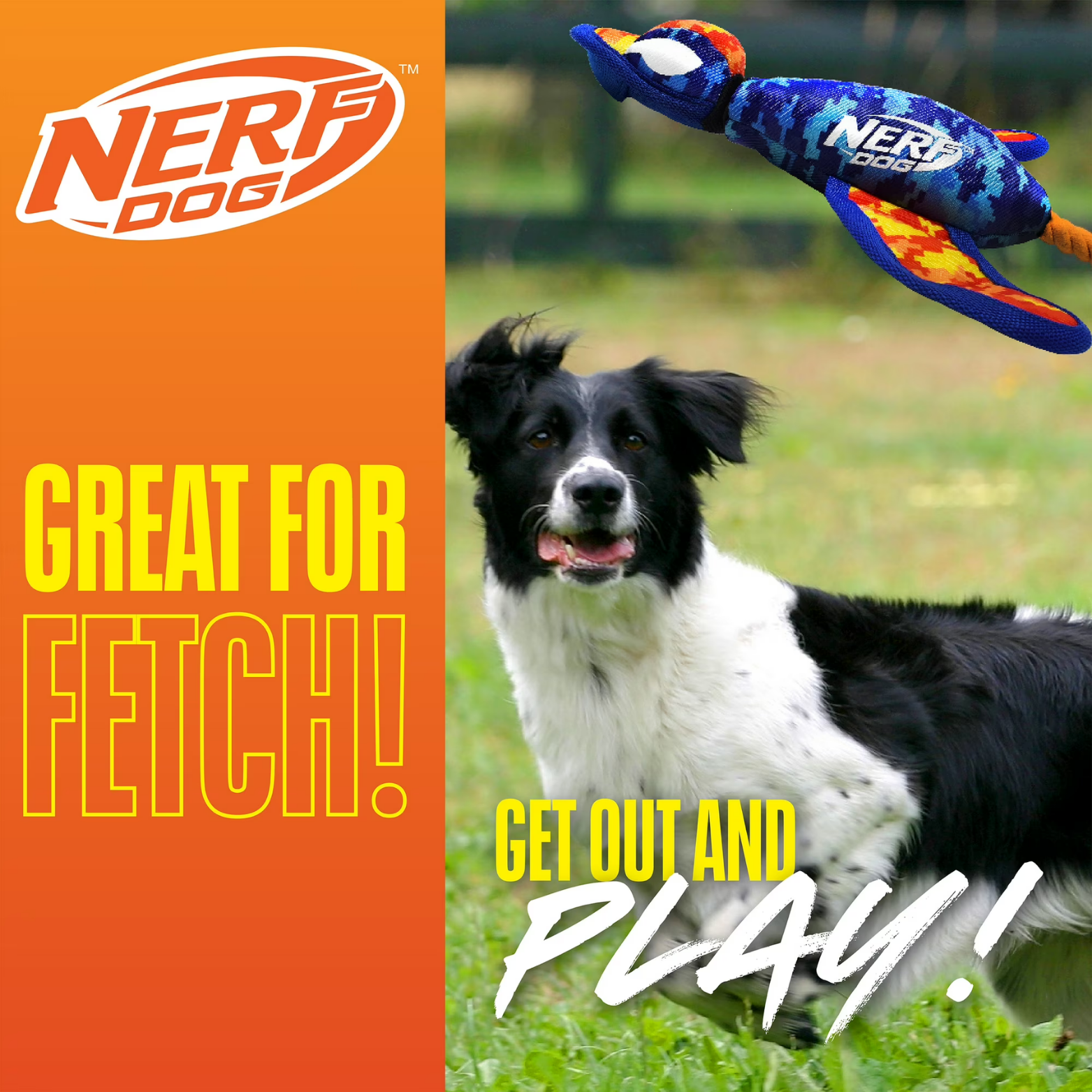 Nerf Dog Digital Camo Crinkle Wing Duck Launching Fetch Dog Toy, Orange/Blue, 16.5 inch