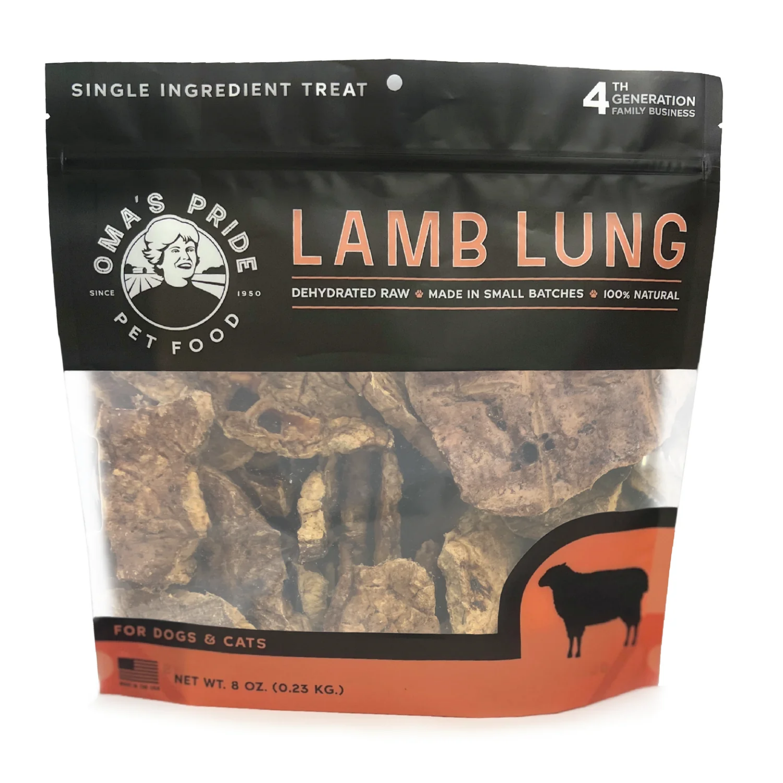 Large resealable pouch labeled “Oma’s Pride Pet Food Lamb Lung,” featuring a transparent window with dehydrated lamb lung pieces inside; marked for dogs and cats with a net weight of 8 oz.