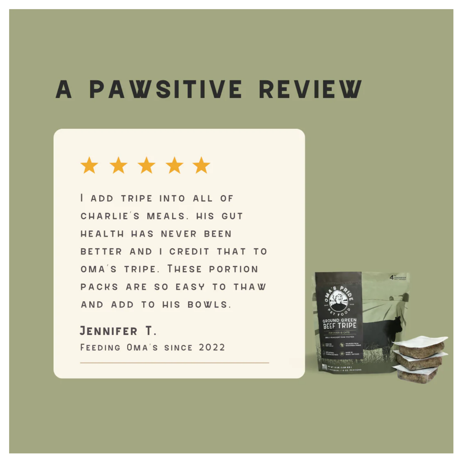 Customer testimonial graphic for Ground Green Beef Tripe showing a five-star rating, review text about improved gut health, and product packaging with portion packs.