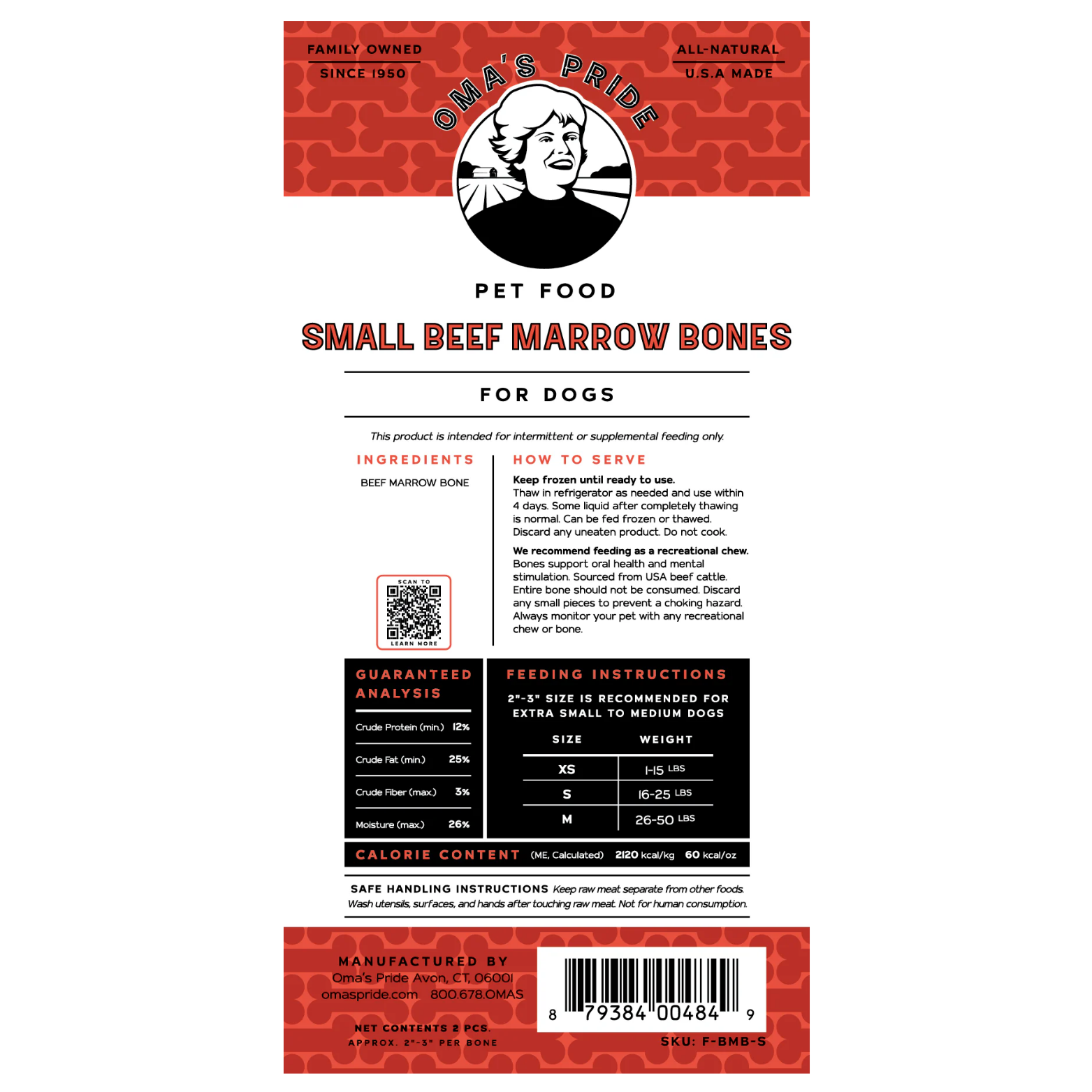 Back label of Oma’s Pride Small Beef Marrow Bones for dogs packaging, showing brand logo, ingredients (beef marrow bone), feeding and handling instructions, guaranteed analysis, calorie content, barcode, and manufacturer information.