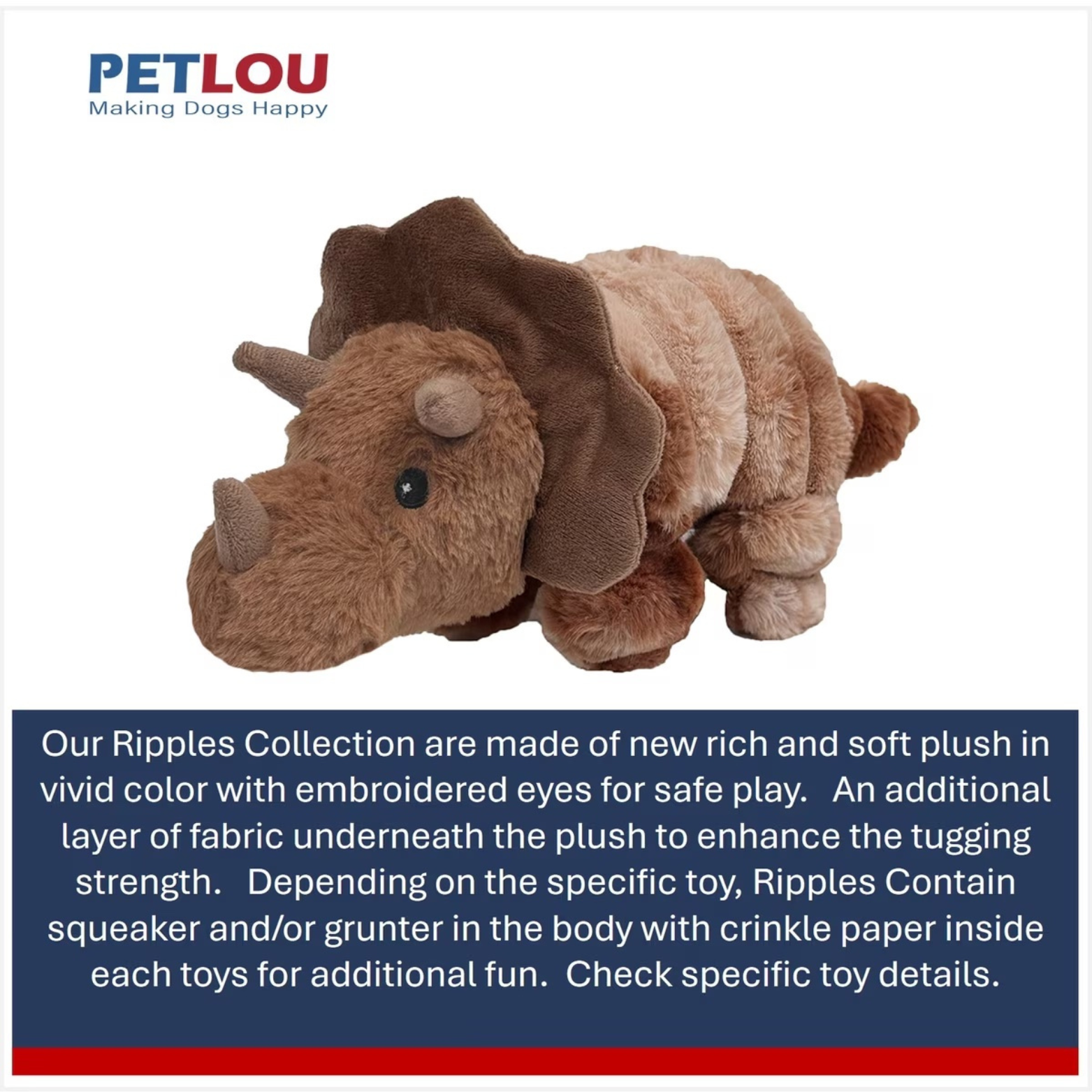 Petlou Ripples Dino Friends Triceratops Dog Toy 26"