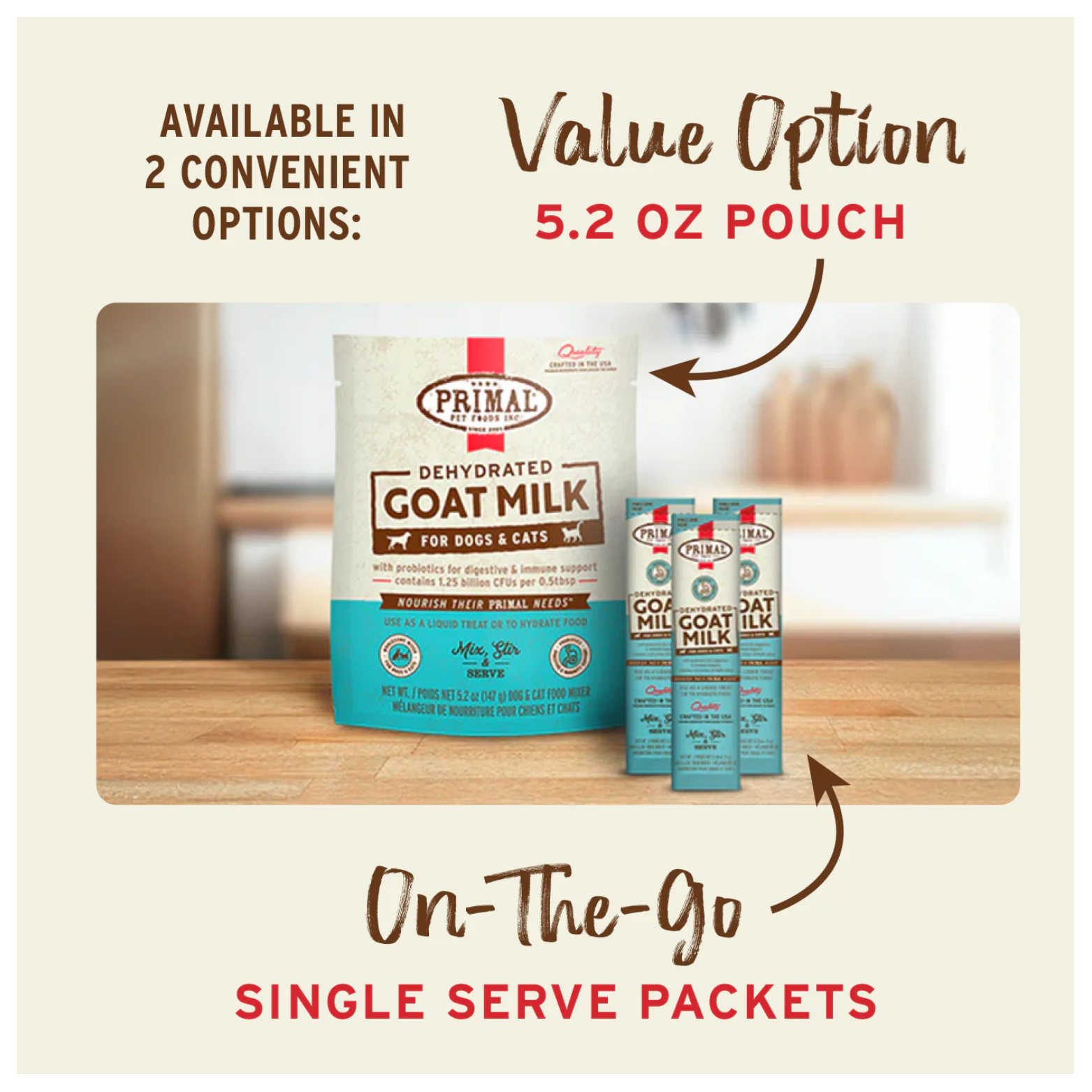 Primal Dehydrated Goat Milk shown in both a large pouch and single-serve stick packets, highlighting convenient size options for pet feeding.
