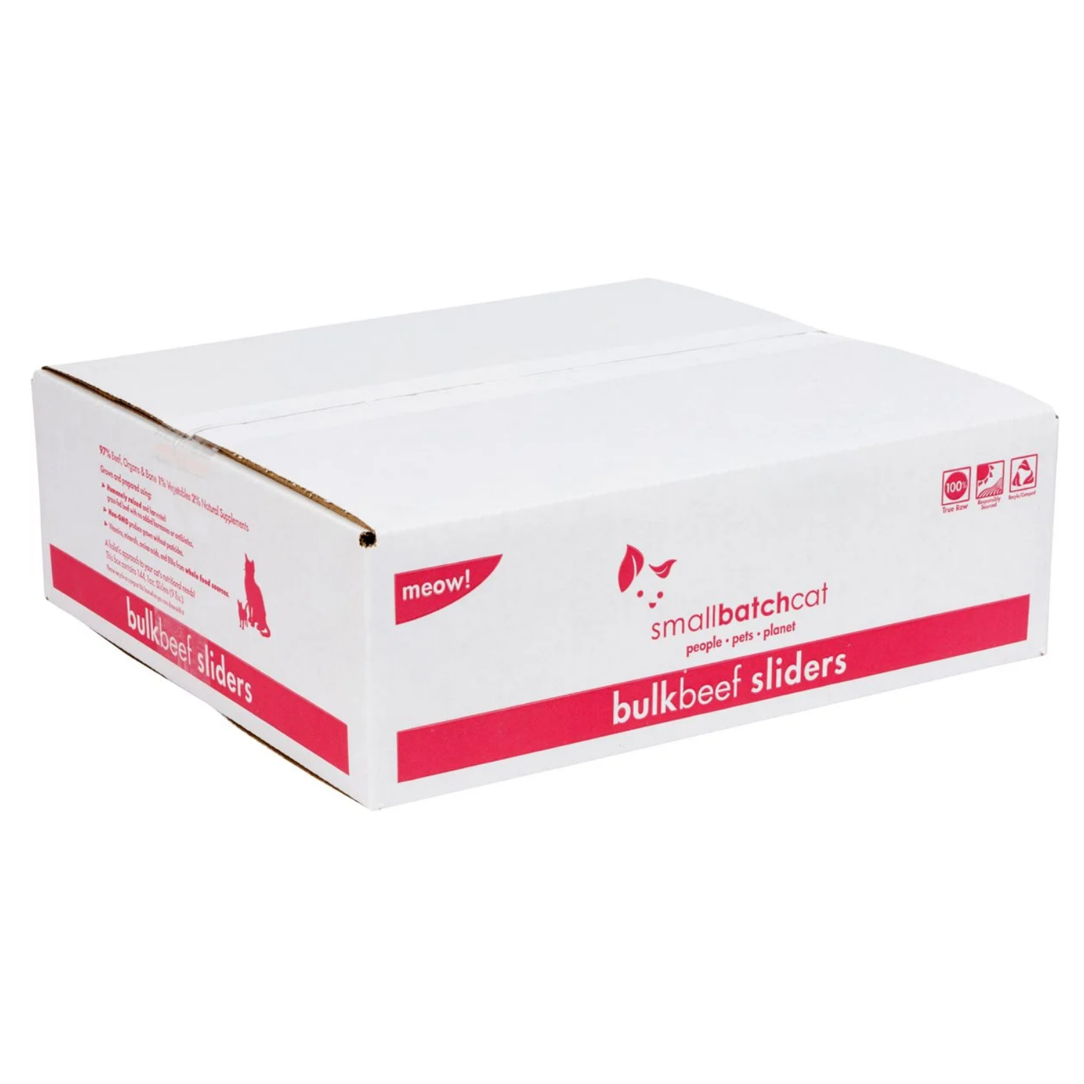 White cardboard shipping box labeled “Smallbatchcat bulk beef sliders” with red branding and product information.
