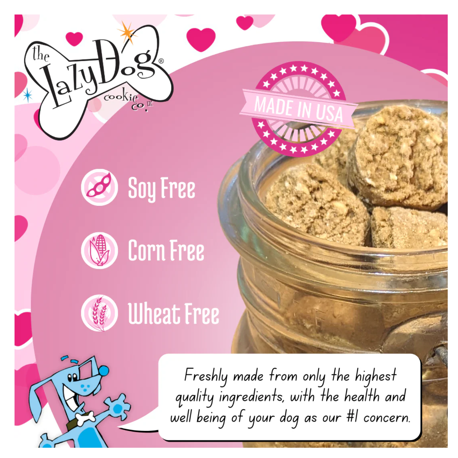 A glass jar filled with Strawberry Smoochies treats next to icons and text stating “Soy Free,” “Corn Free,” and “Wheat Free,” with a “Made in USA” badge and a cartoon dog speaking about high-quality ingredients.