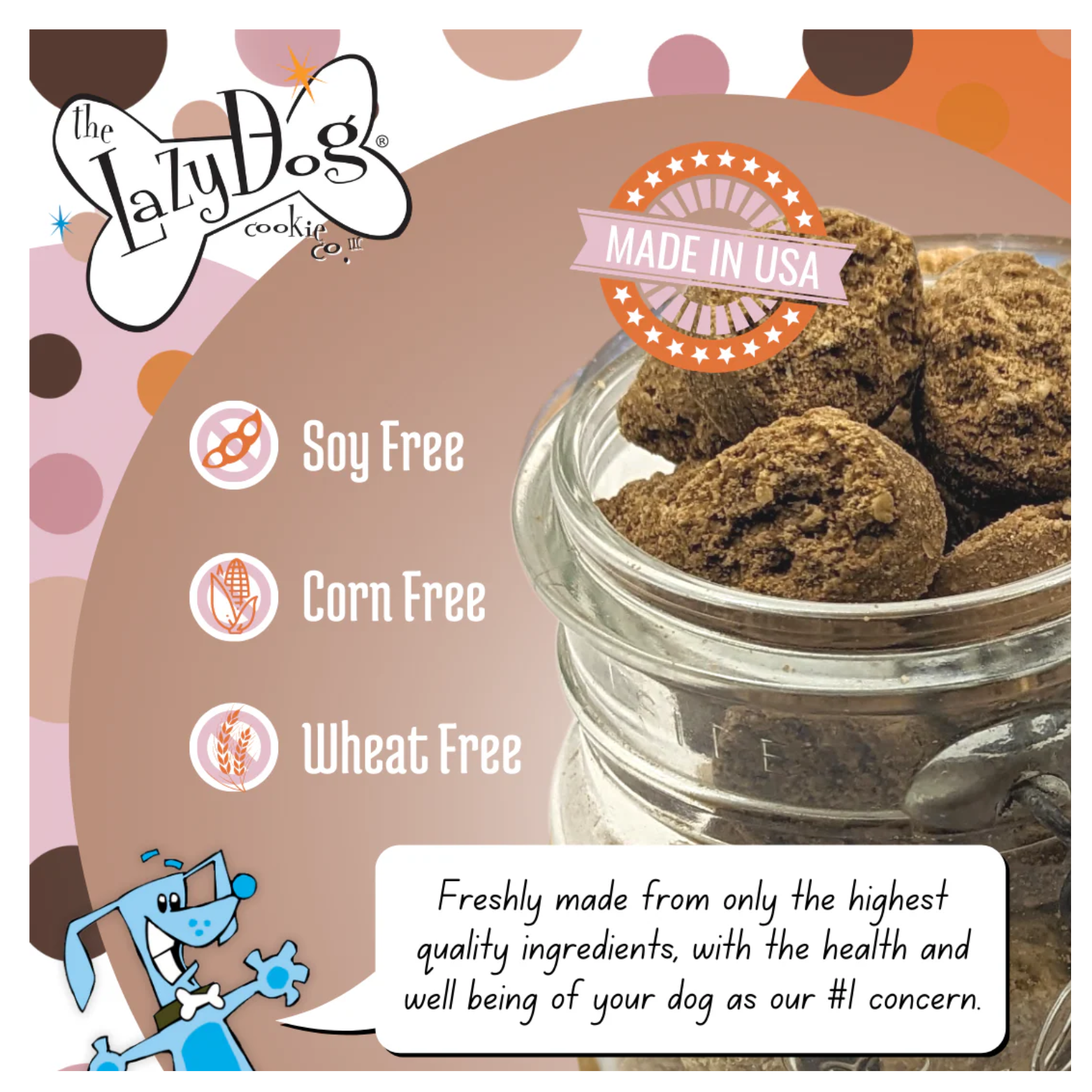 A glass jar filled with Sweetie S’mores Mutt Mallows beside icons and text highlighting “Soy Free,” “Corn Free,” “Wheat Free,” and a “Made in USA” badge.