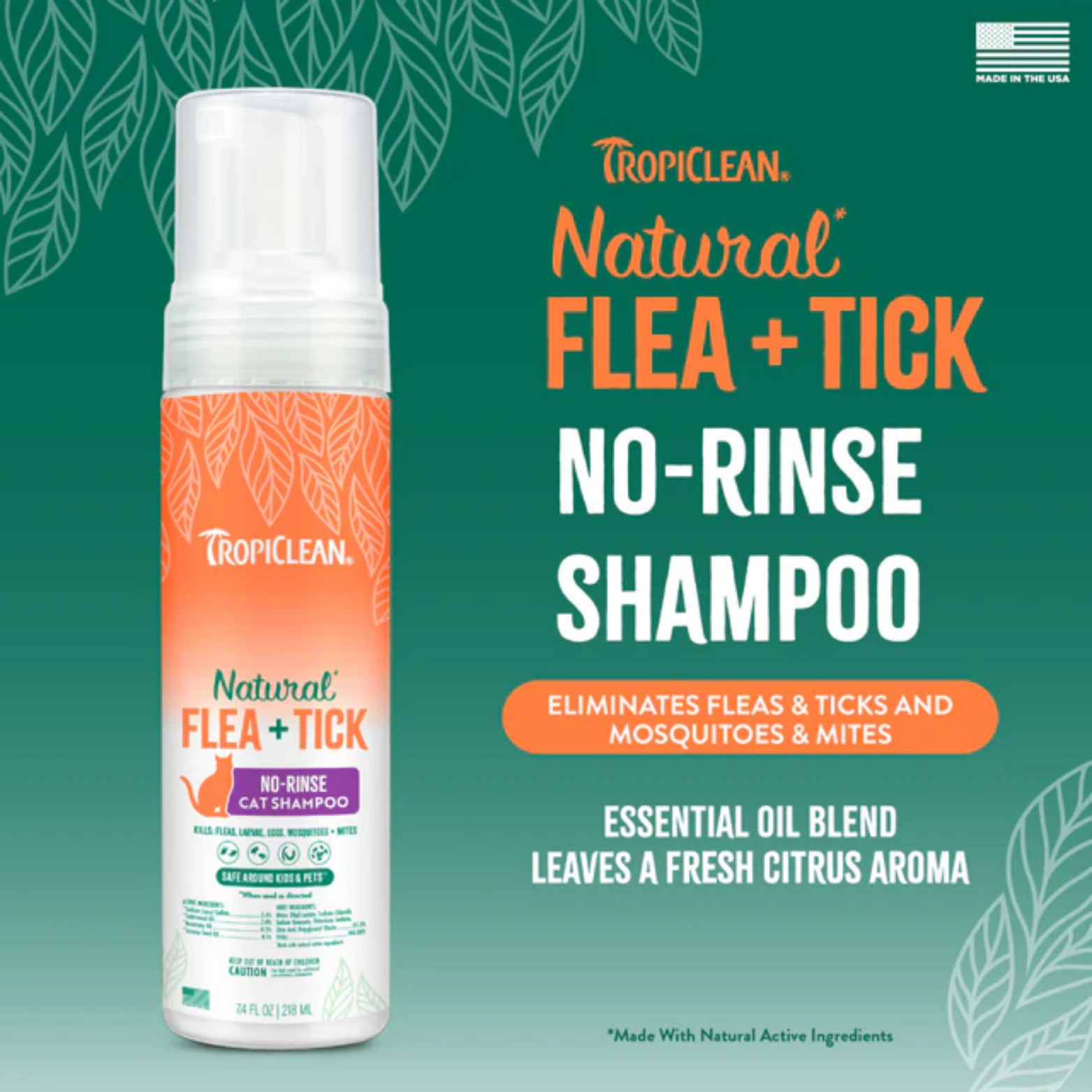 TropiClean Cat Natural Flea & Tick Waterless Shampoo 7.4oz